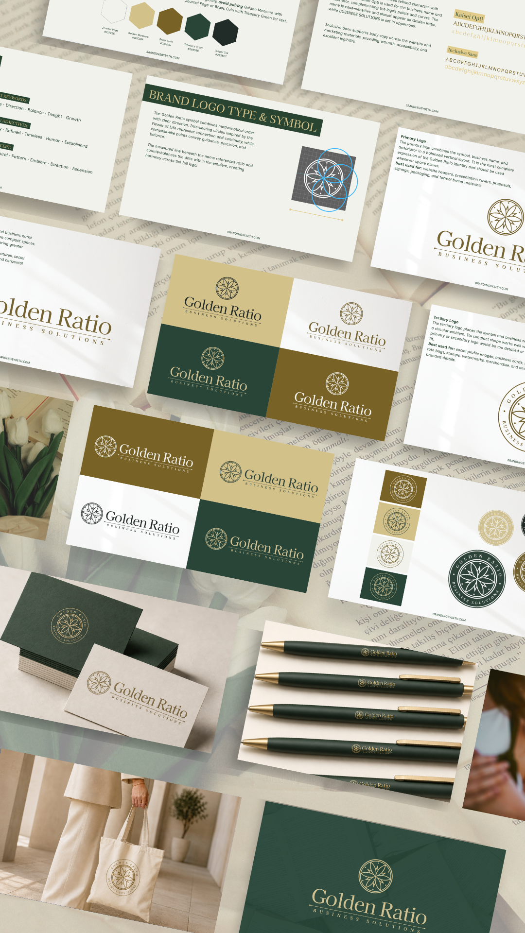 Display of branding materials for Golden Ratio Business Solutions, including logos, color palettes, pens, and promotional items, featuring a green, gold, and white color scheme.