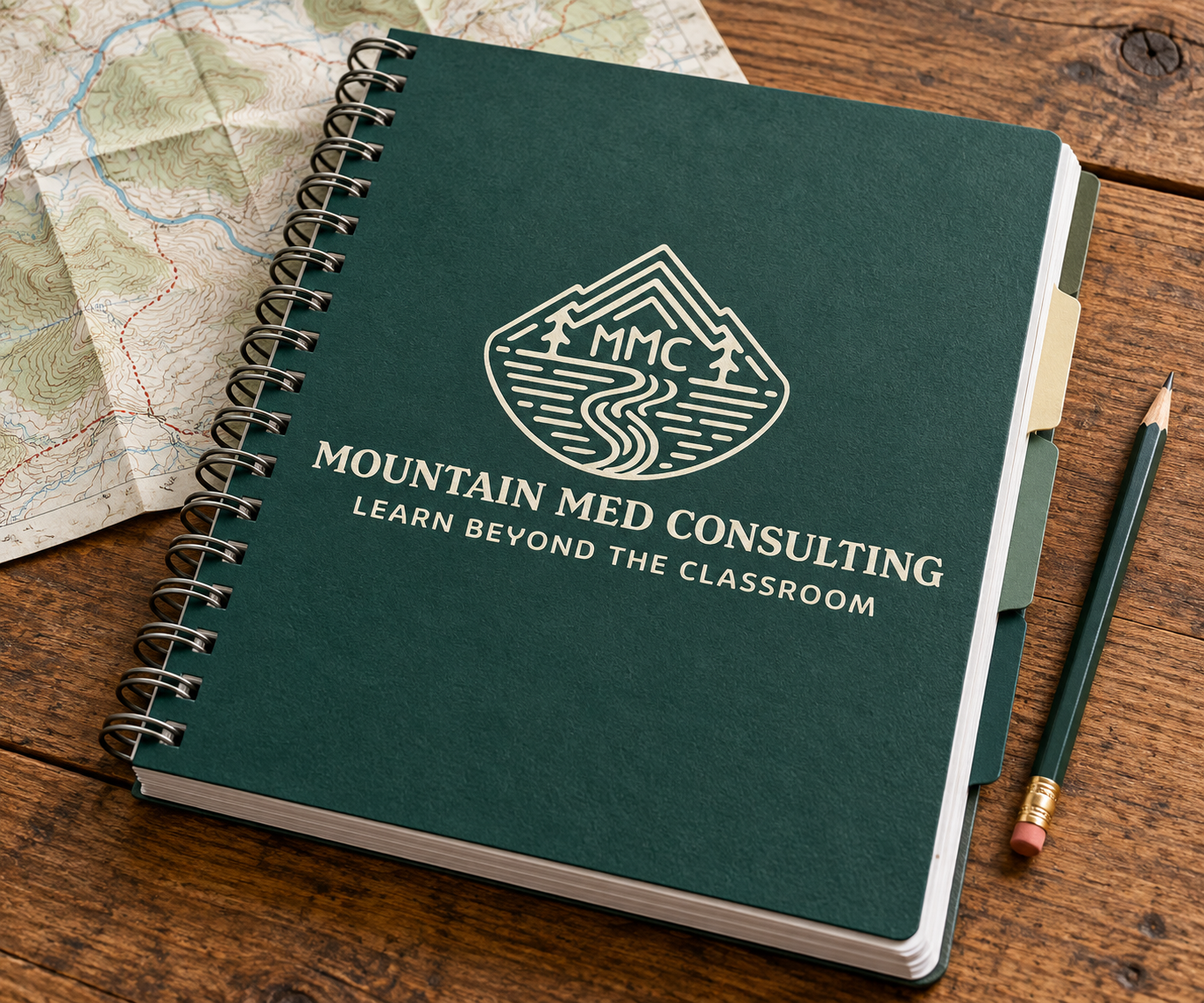 Person holding a brochure for Mountain Med Consulting with the slogan 'Learn Beyond the Classroom', next to a glass of water on a table.