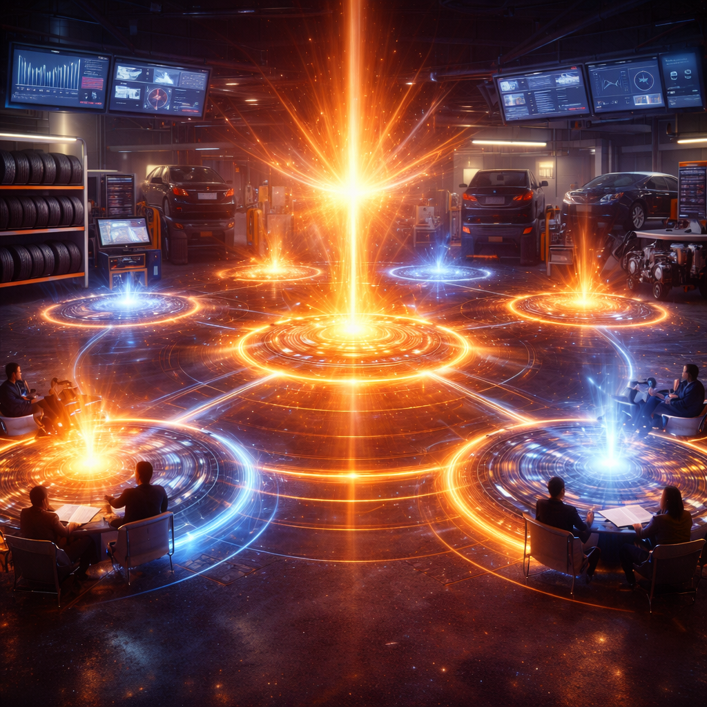 Futuristic automotive workshop with cars on lifts, multiple computer screens displaying data, and holographic projections of glowing circles and sparks, suggesting advanced technology and innovation.