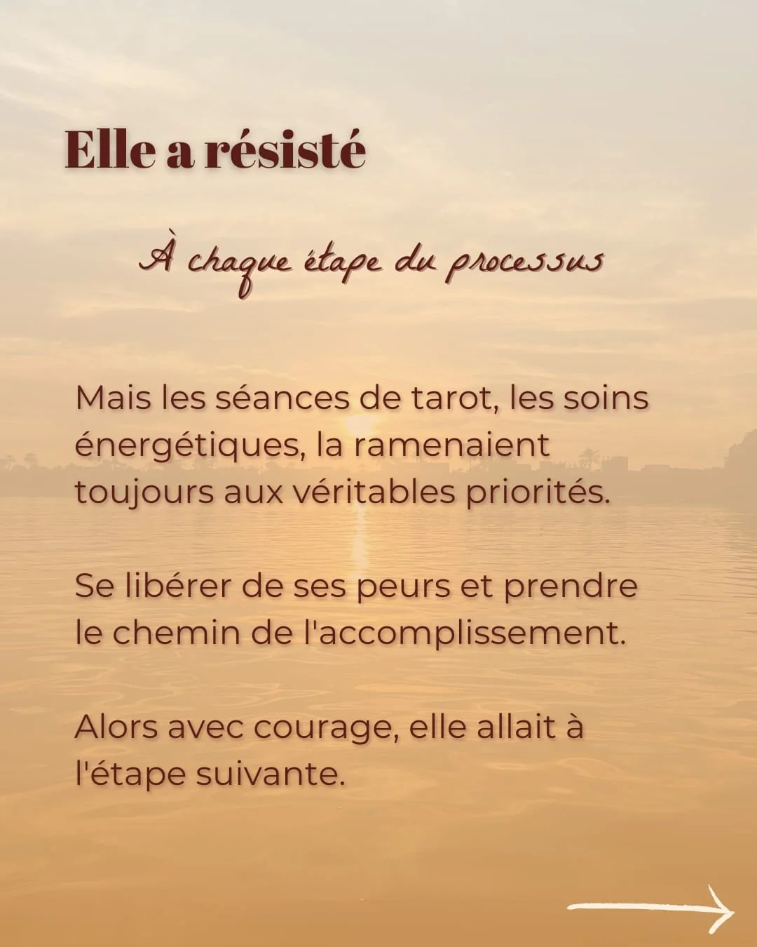 Citation inspirante sur la résistance et le courage, avec un fond de coucher de soleil sur un lac.