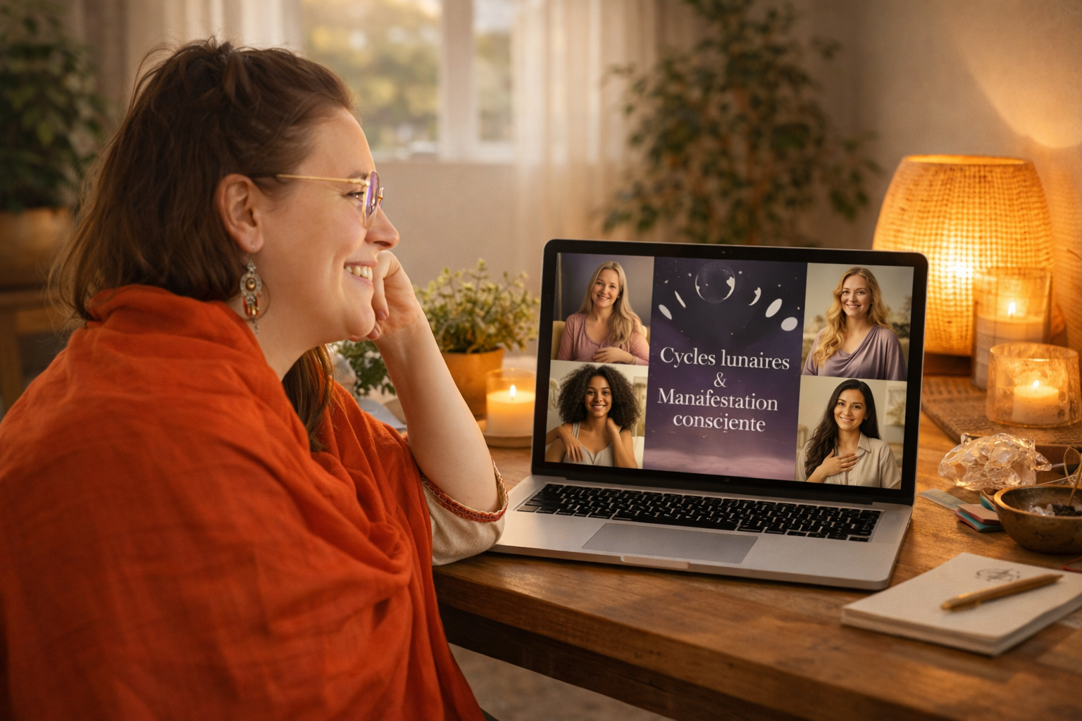 Une femme souriante regarde un écran d'ordinateur lors d'une réunion virtuelle, avec un fond d'ambiance chaleureuse, et les mots "Cycles lunaires & Manifestation consciente" affichés à l'écran.