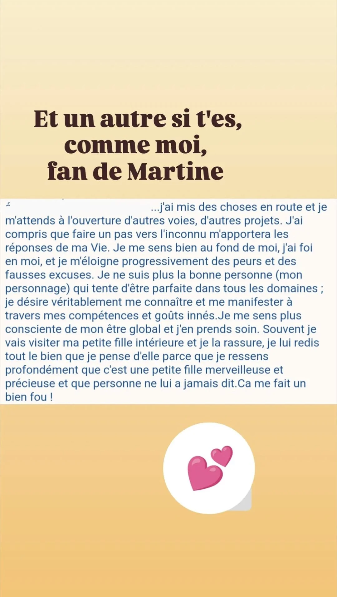 Une citation en français avec un fond beige clair, accompagnée d'une image de deux cœurs roses. La citation parle de l'amour envers une fille nommée Martine et de la découverte de soi.