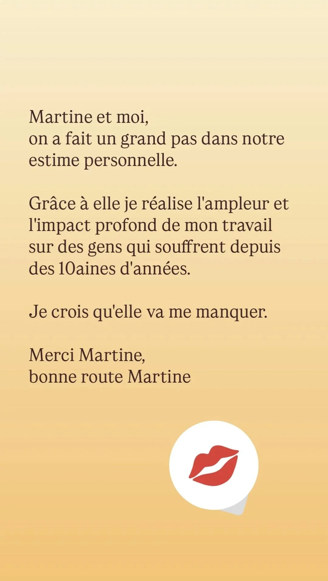 Une lettre manuscrite exprimant la gratitude envers Martine, avec un dessin de lèvres rouges en bas à droite.