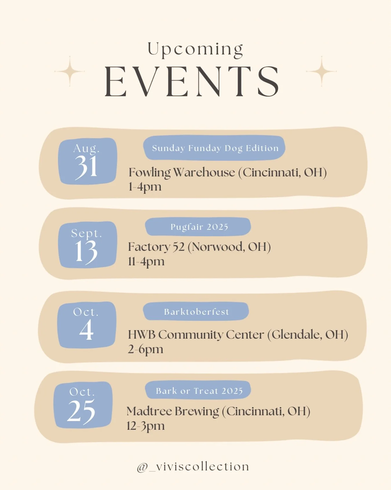 event season is in full swing, will I see you there cincy friends? 🐾🩵
&bull;
first up this sunday- join us at @fowling_warehouse_cincinnati for sunday funday dog edition!!
&bull;
#viviscollection #fallevents #dogevents #cincinnatidogevents #shopsma