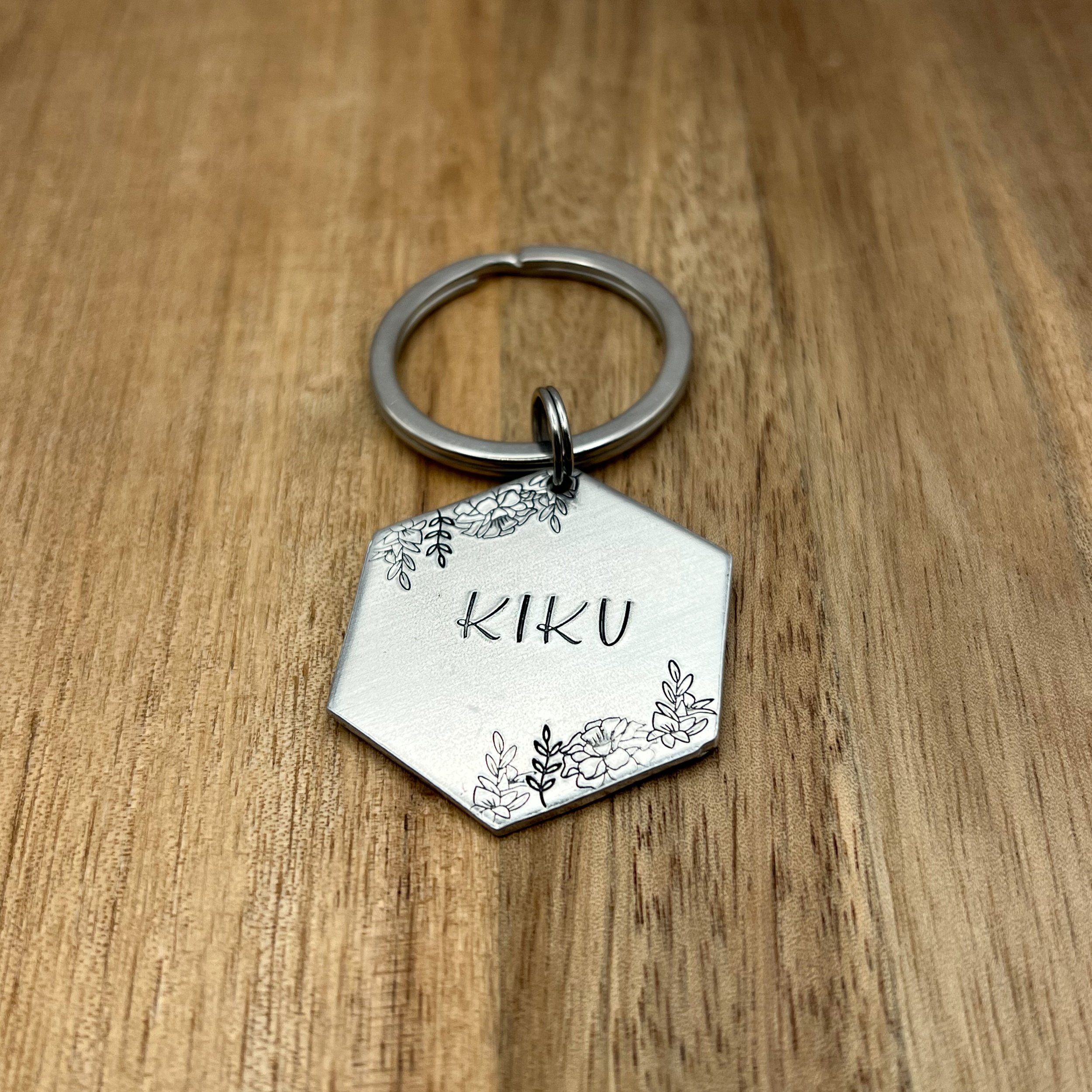 floral blossom pet ID tag | custom metal hand stamped tag