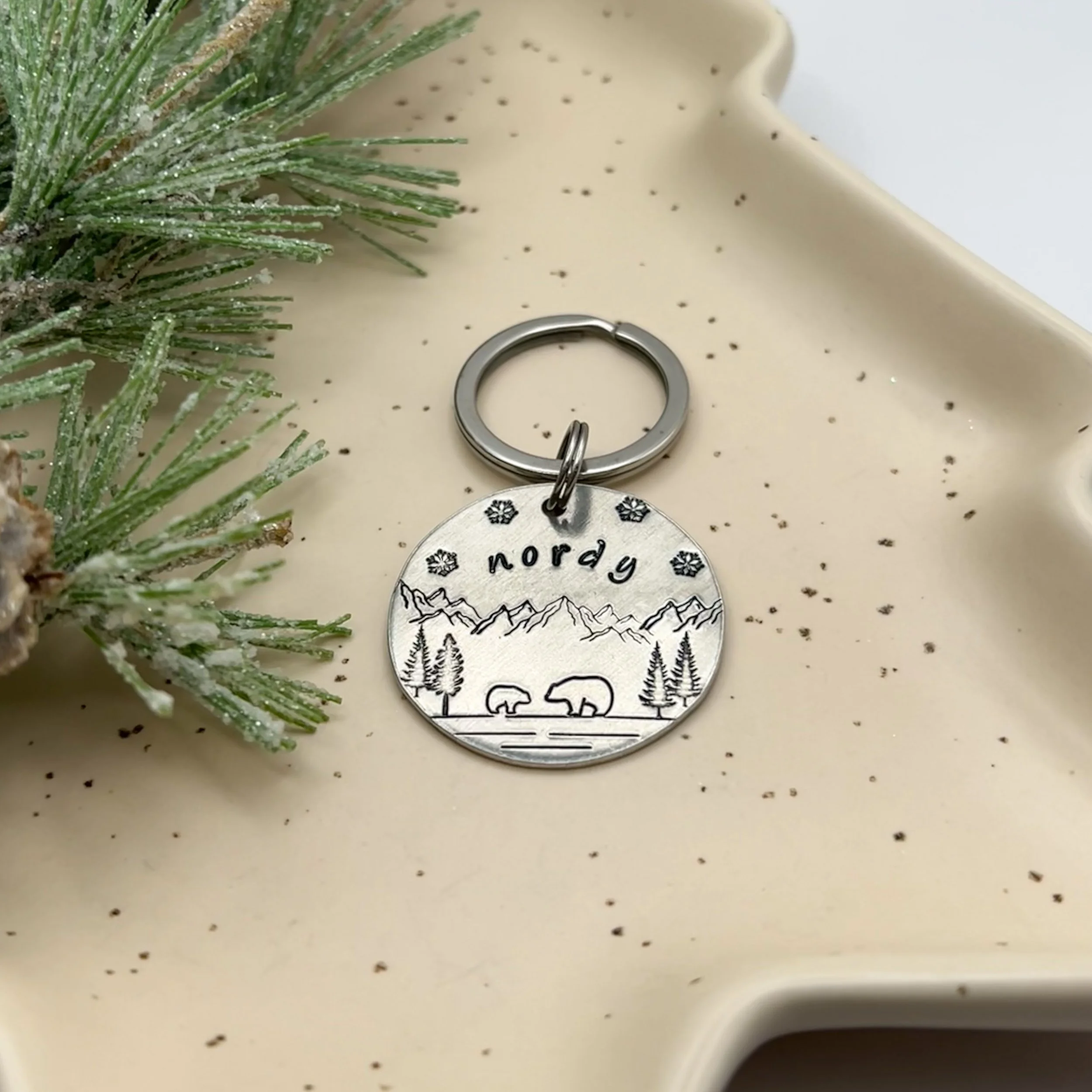 winter wonderland pet ID tag | custom metal hand stamped tag