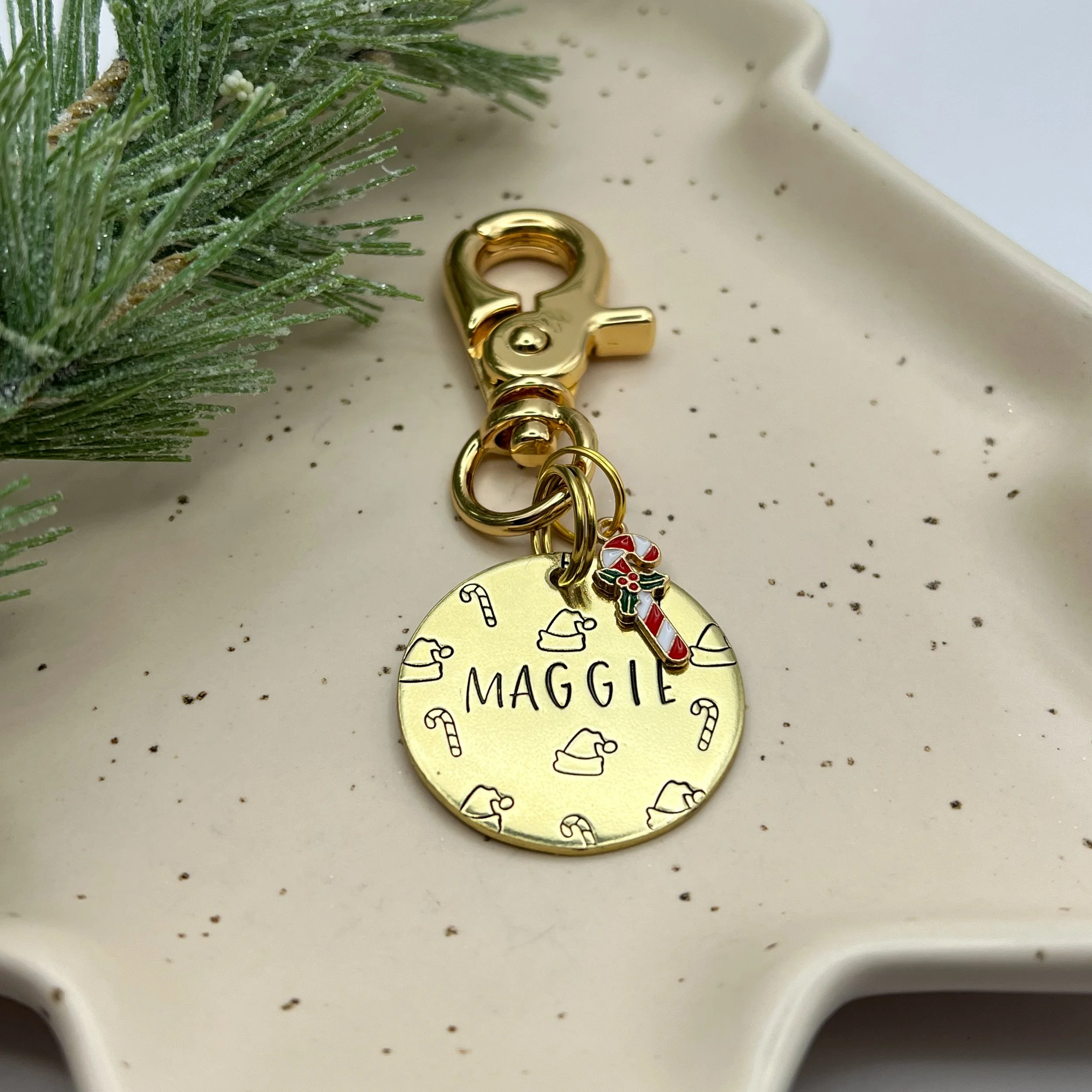 candy cane wishes pet ID tag | custom metal hand stamped tag