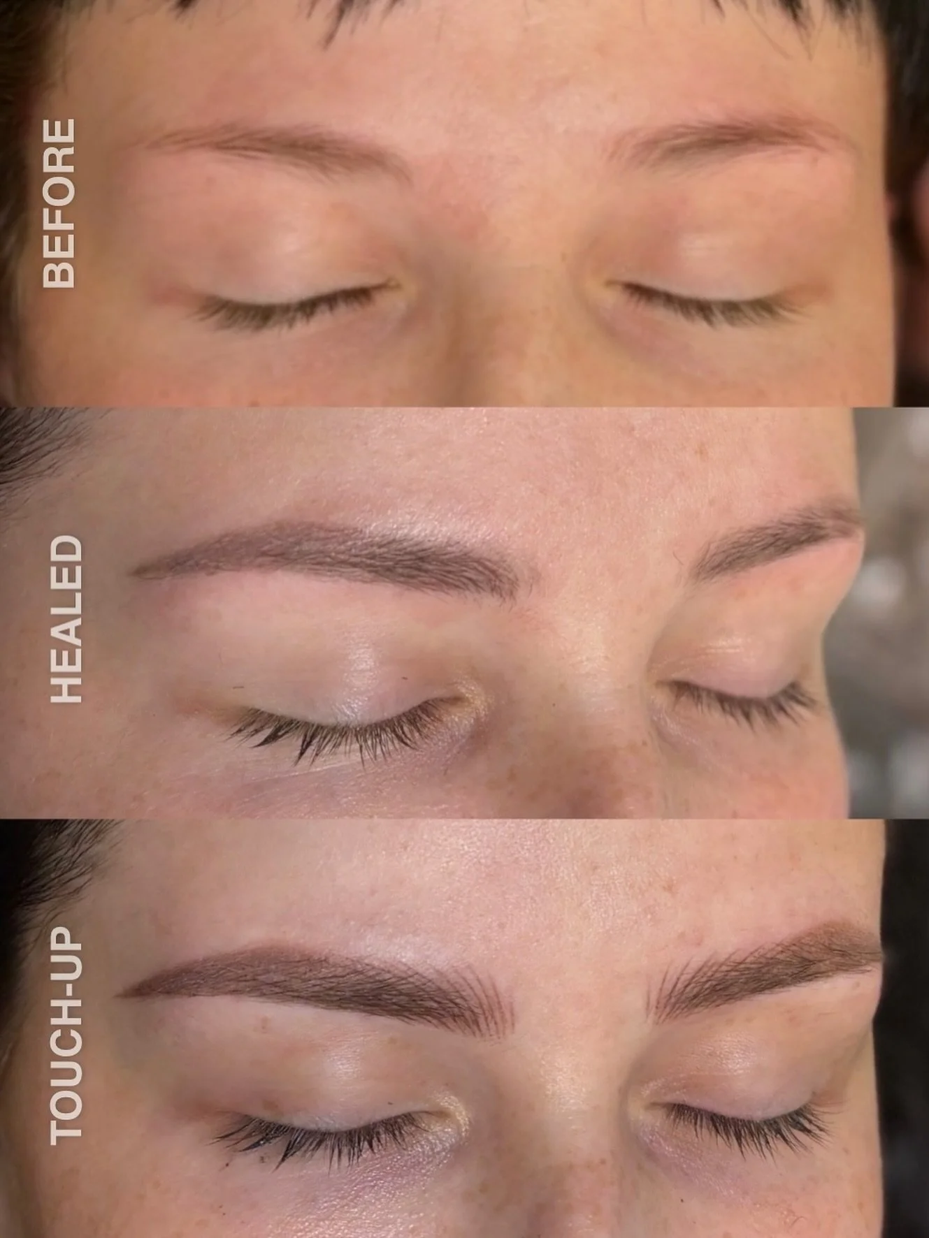 Before 👉🏻 Healed 👉🏻 Touch-up

Trust your artist and the process. Building the perfect customized brows takes light layers with time. In other words, let 👏🏻 me 👏🏻 cook 👏🏻 

Established clients, be sure to check your inbox for exclusive Holid