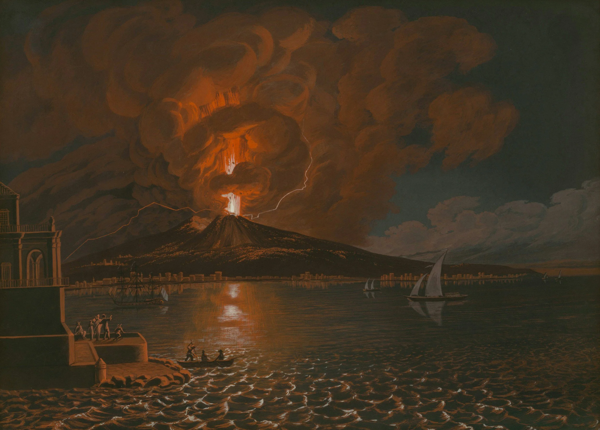 An illustration of an erupting volcano in the distance while people sail boats away