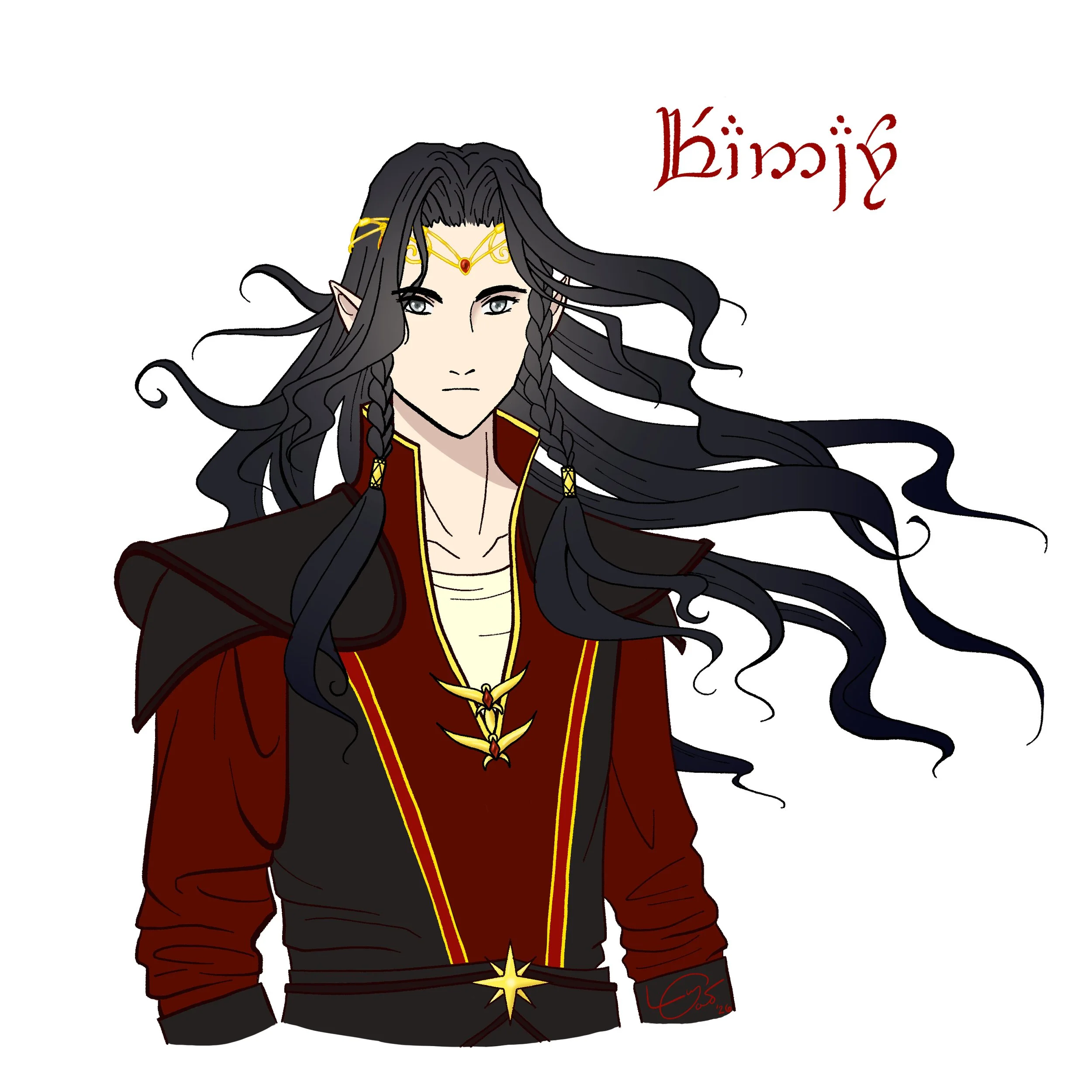An image of a male elf with long black hair and piercing grey eyes wearing a black and red outfit and a gold circlet set with rubies. Tengwar letters spell the name Feanaro.