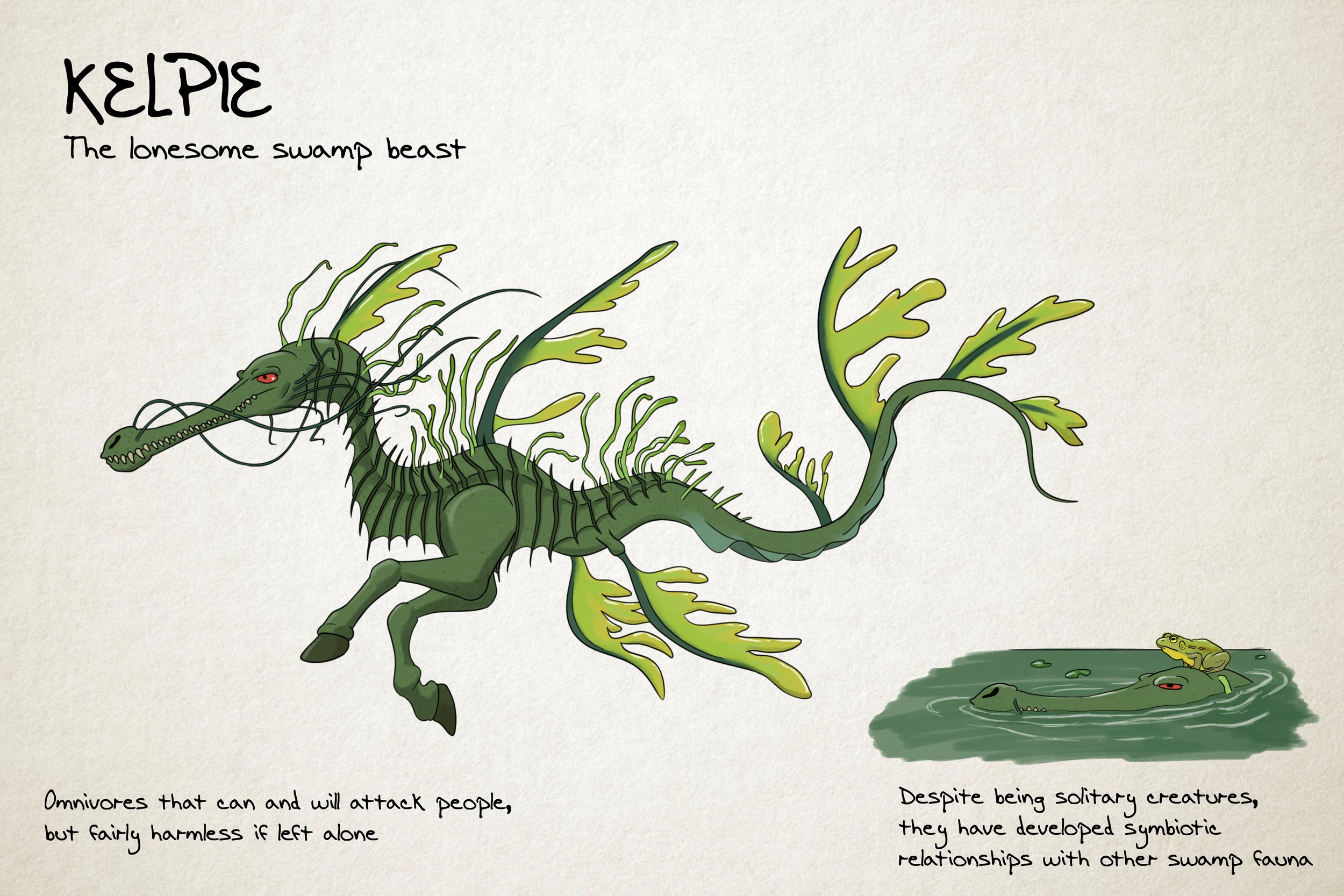 A green horse-like creature with fins instead of back legs, with what looks like kelp growing on it.