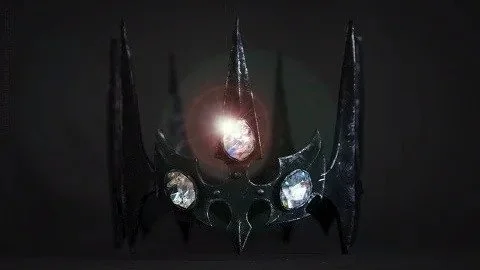 A black, spiky crown with three brilliant white gems set in it