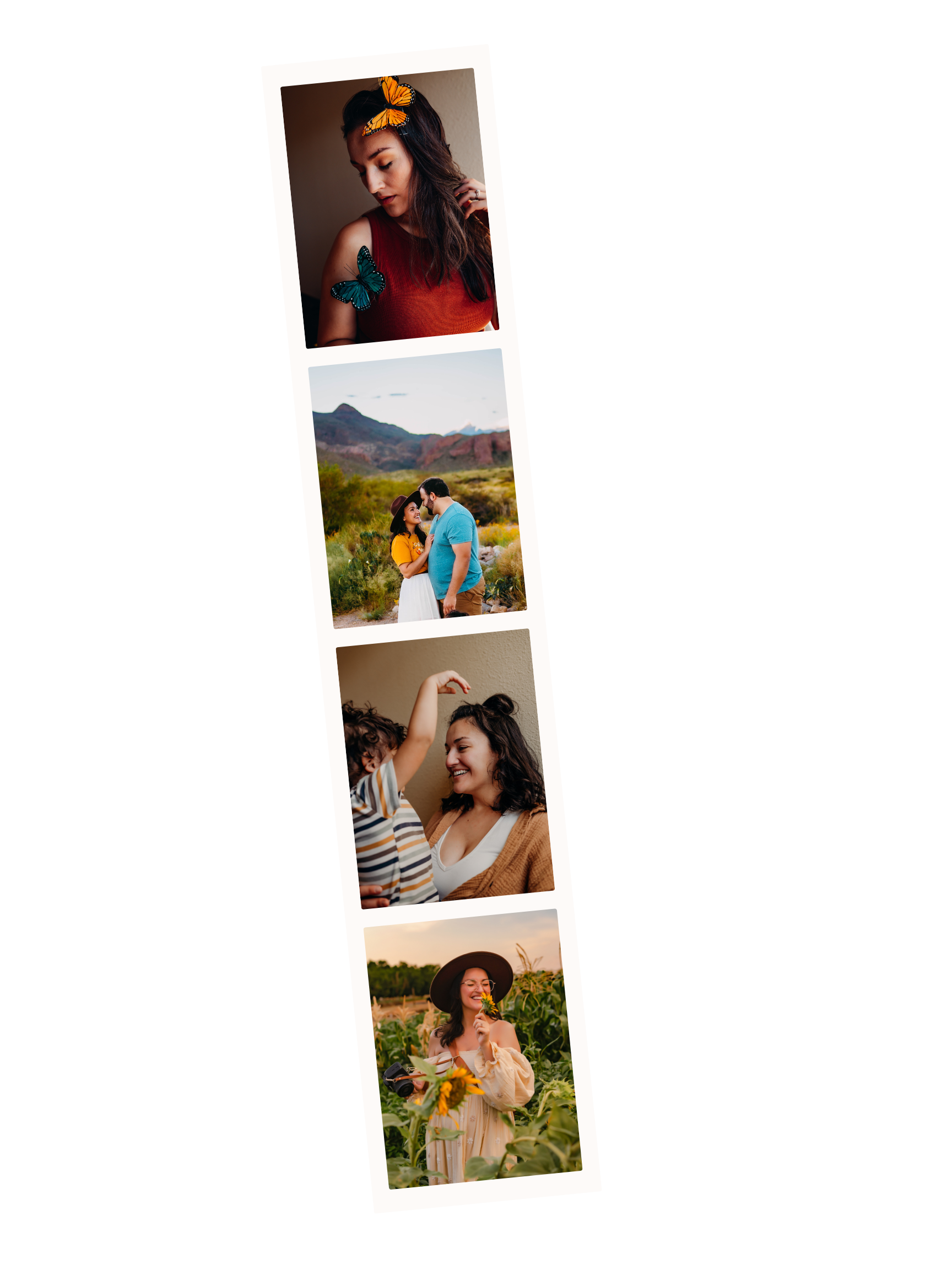 A collage of four photographs featuring women in various outdoor and indoor settings, including a woman with butterflies on her hair, a couple in a scenic landscape, two women playing indoors, and a woman with a sunflower in a field.