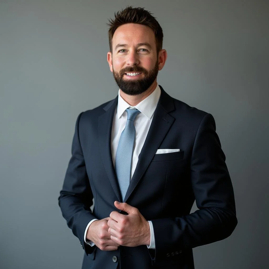 A professional man with a beard and short hair in a navy suit with a white shirt and light blue tie, smiling against a plain gray background.