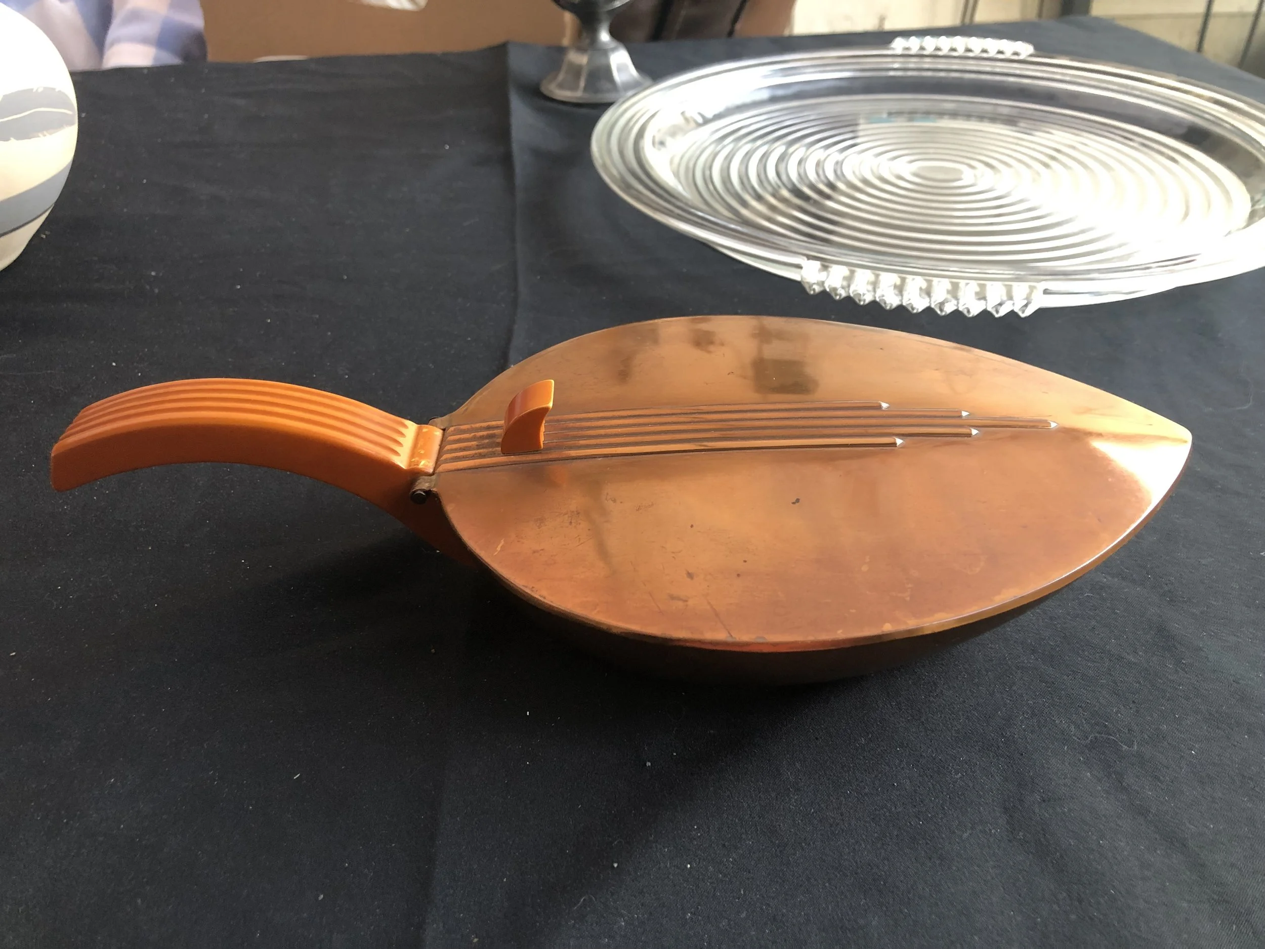 Copper Leaf-Shaped Container with Bakelite Handle and Knob — Visual Candy