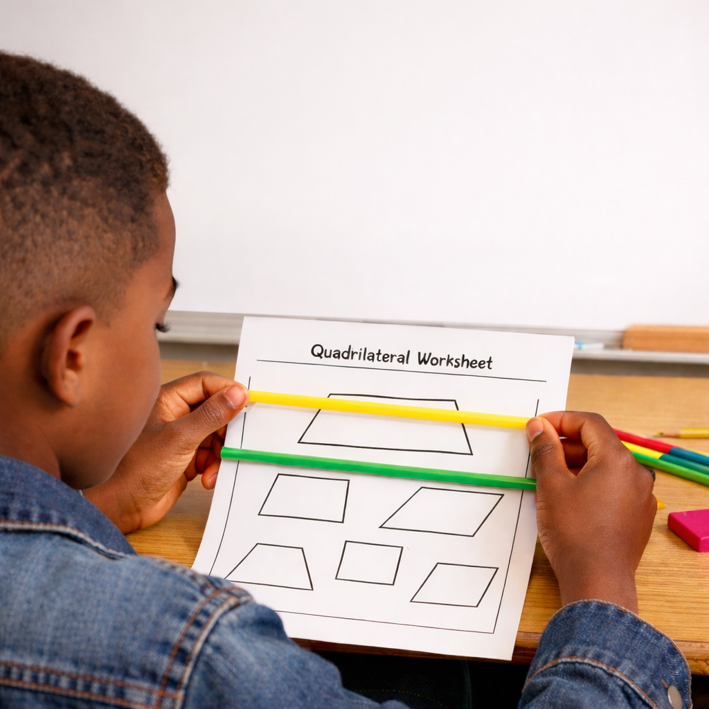 Student in class holding up straws to a quadrilateral worksheet