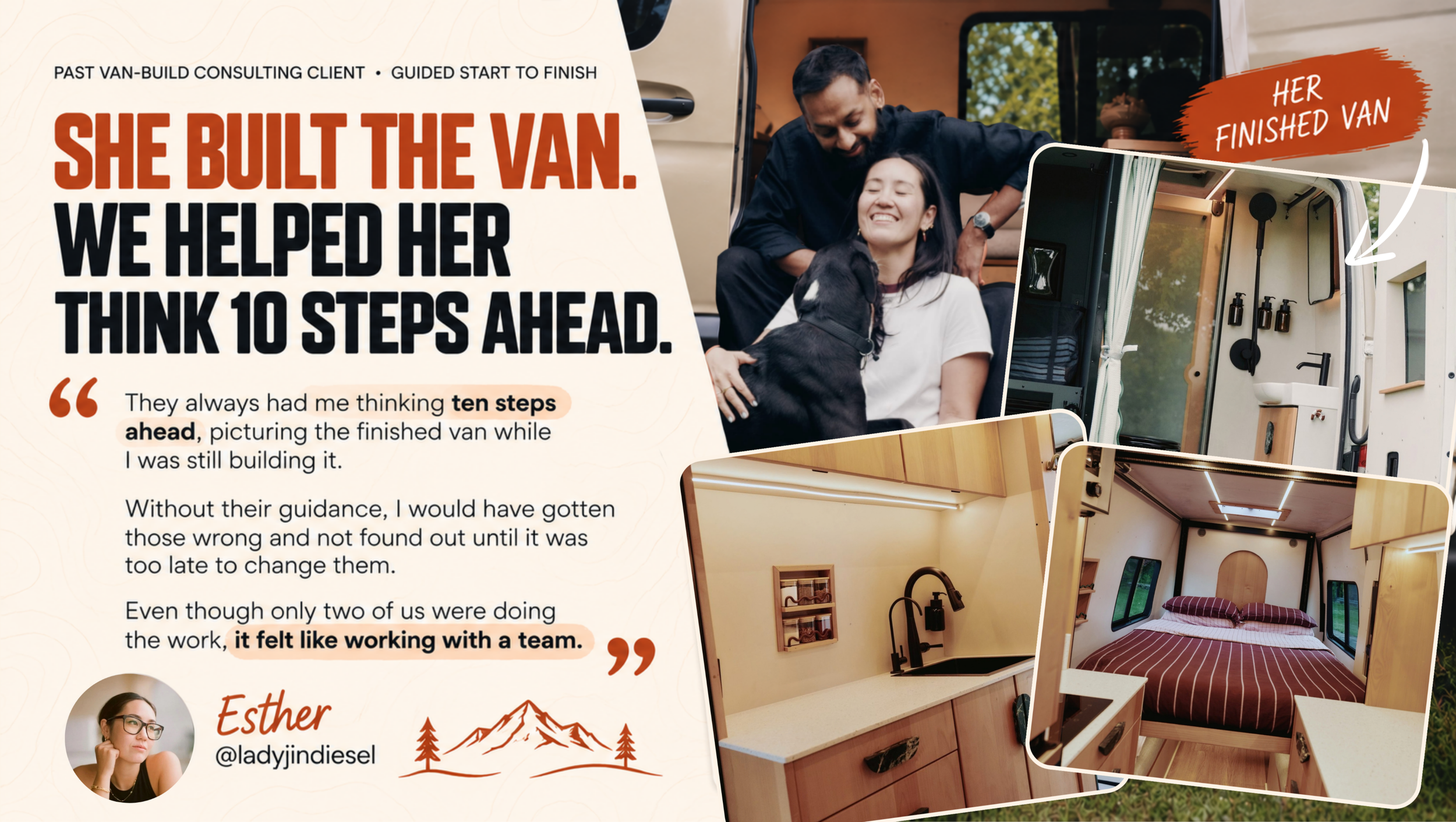 Past van-build consulting client Esther: She built the van. We helped her think 10 steps ahead.