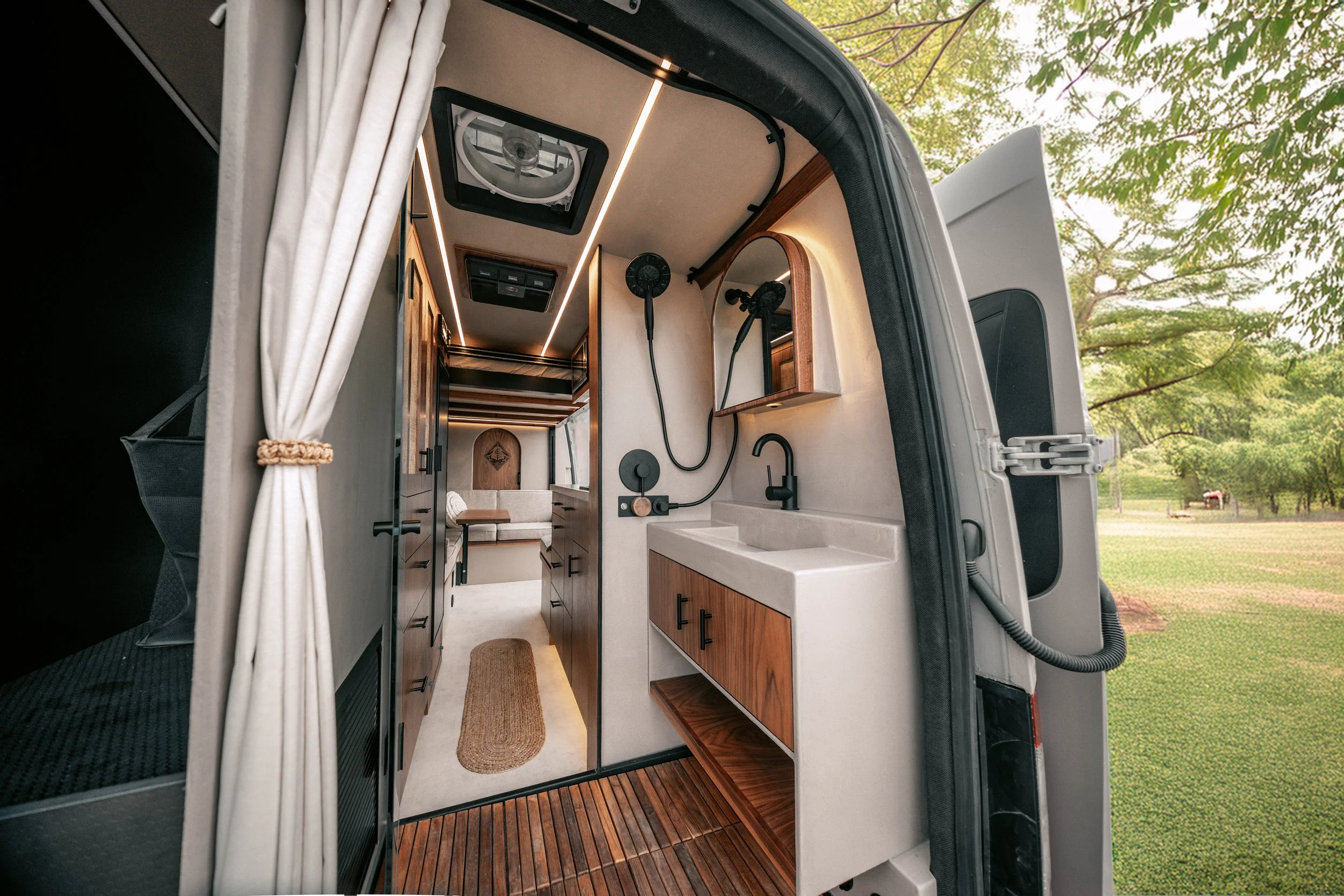 best campervan interior design in California with massive full spa shower
