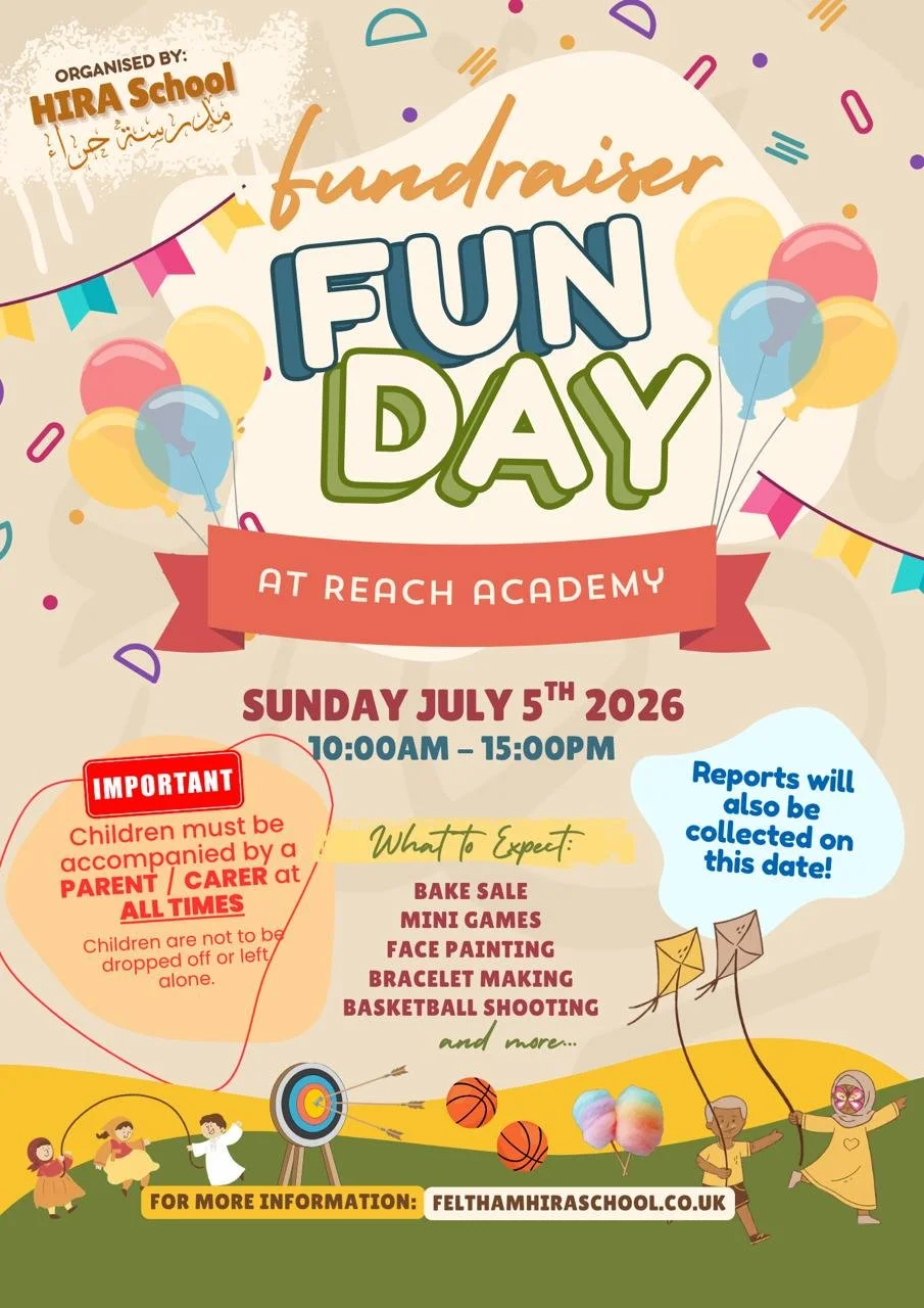 Bright event poster for a fundraiser fun day at Reach Academy on Sunday, July 5th, 2026, from 10:00 am to 3:00 pm. Features balloons, children, and activities like bake sale, mini games, face painting, bracelet making, and basketball shooting.