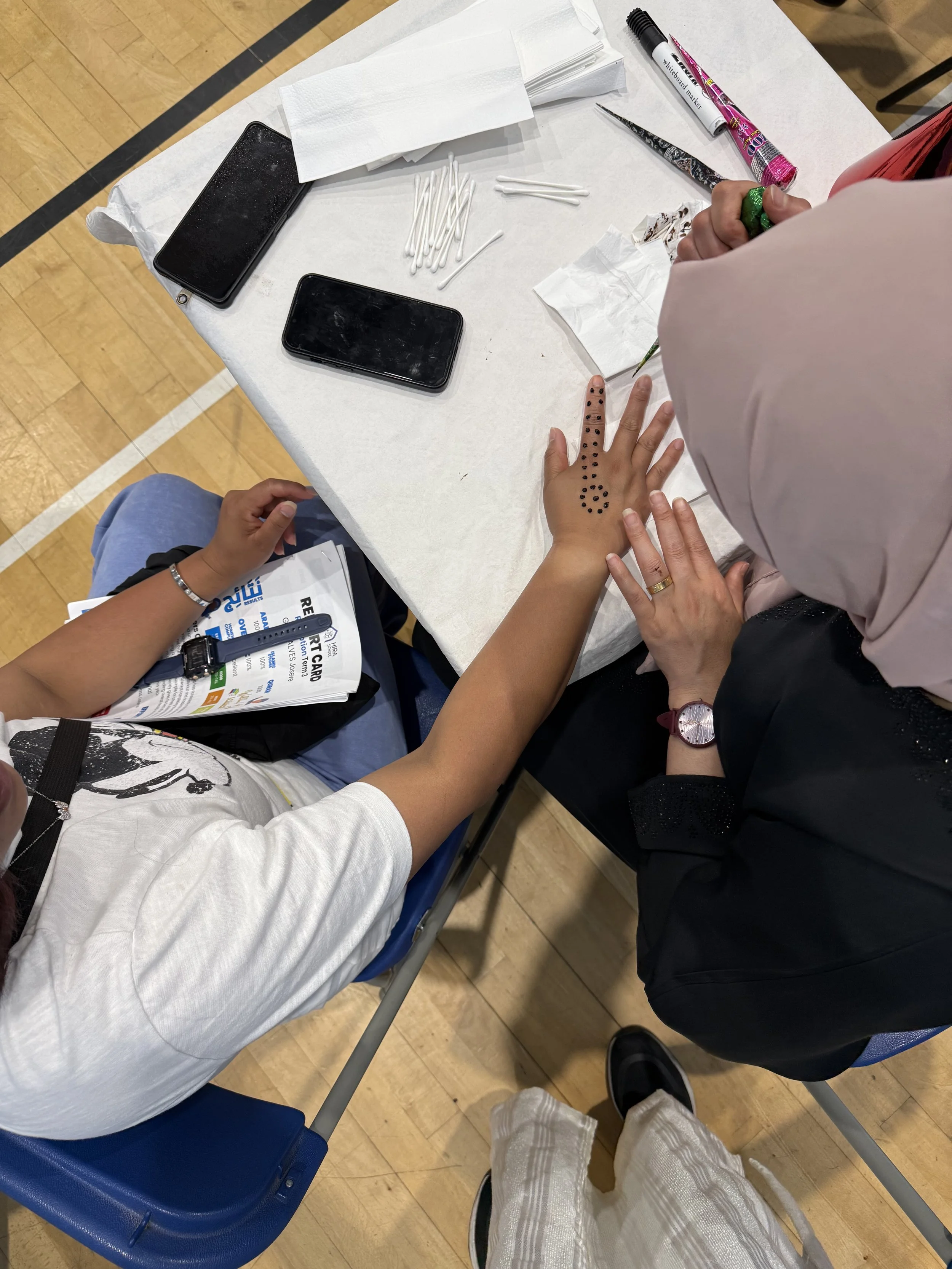 People are sitting at a table, performing a blood test on a person's finger, with items like phones, tissues, cotton swabs, and markers on the table.