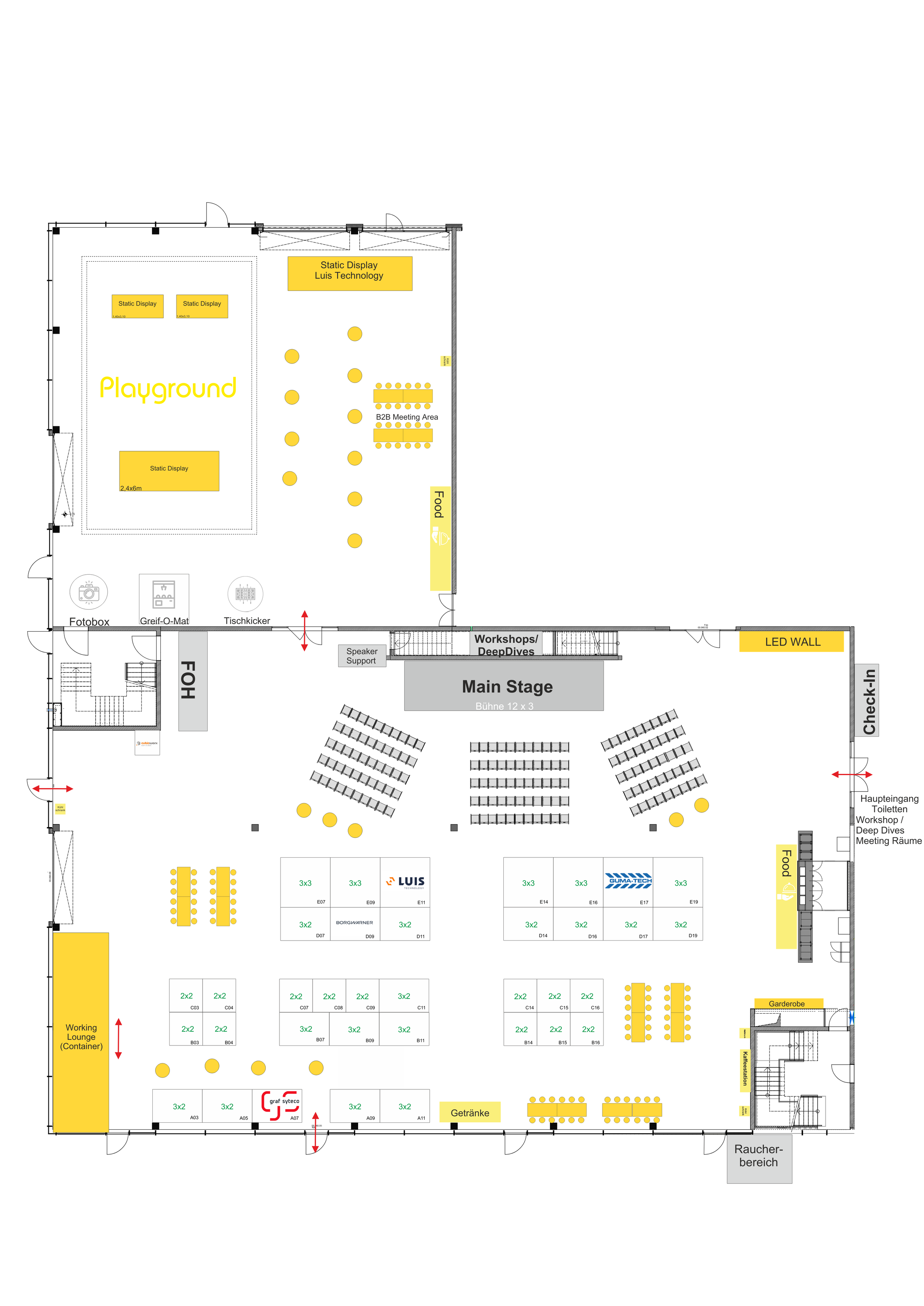 A detailed floor plan of an event area with areas for a stage, workshops, main and side rooms, food and beverage offerings, break and seating areas, a children's playground, and an entrance area.