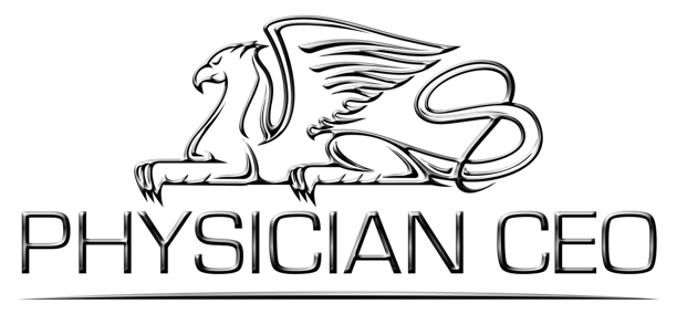 A logo featuring a stylized winged lion above the text 'Physician CEO' in silver or gray color.