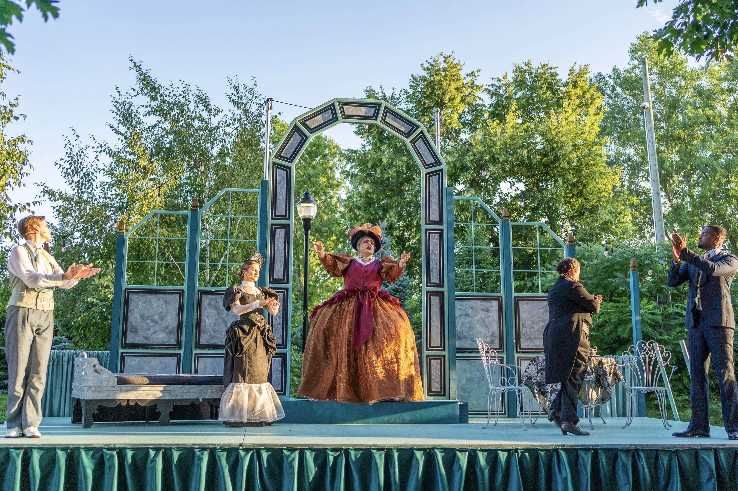 Left to Right: Carter Gulseth as Algernon, Juliana Monk as Gwendolen, Theodore Vlachos as Lady Bracknell, Stephanie McKenna as Lane, Hasani Freeman as Jack
