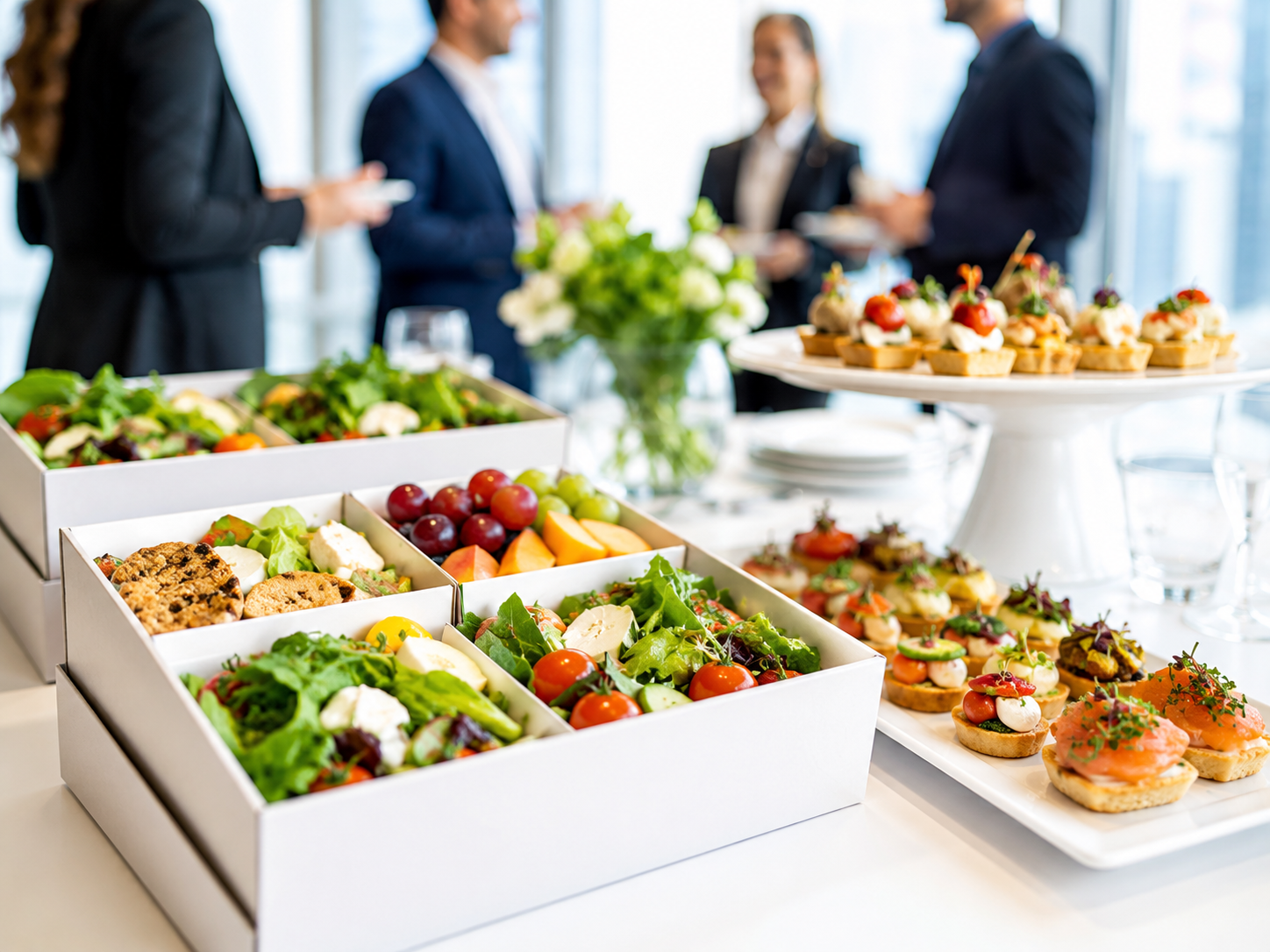 Corporate catering trays with sandwiches, appetizers and salads for a Southern California business event