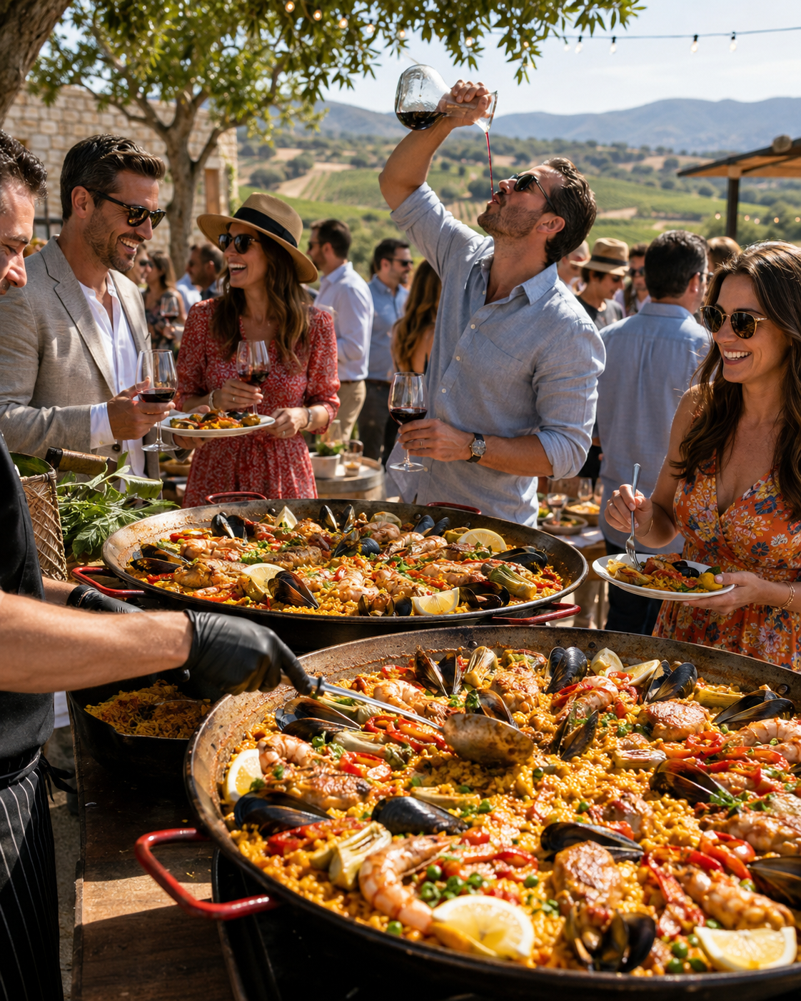Image Alt Text: Chef Lauren March serving paella at an outdoor Southern California catering event