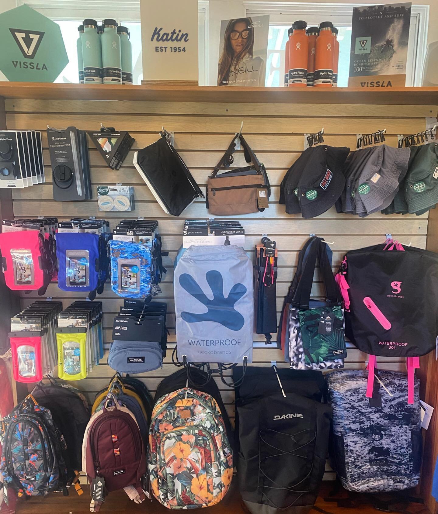 Our accessory wall is stocked and ready for your next adventure! @dakine @geckobrands @hydroflask