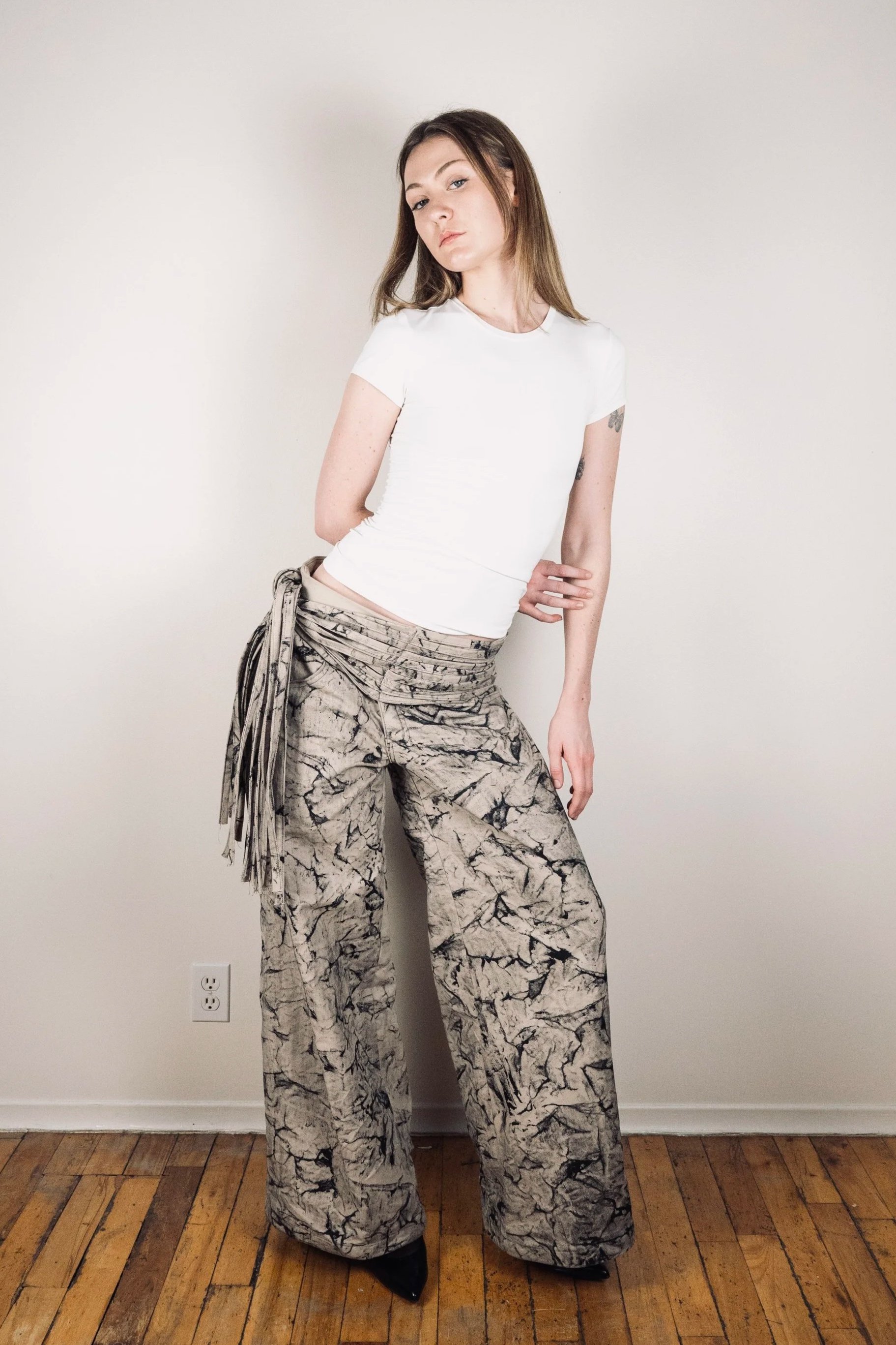 ZOË  STONE Tassel Baggy Pants in Cream with Handmade Crinkle Print