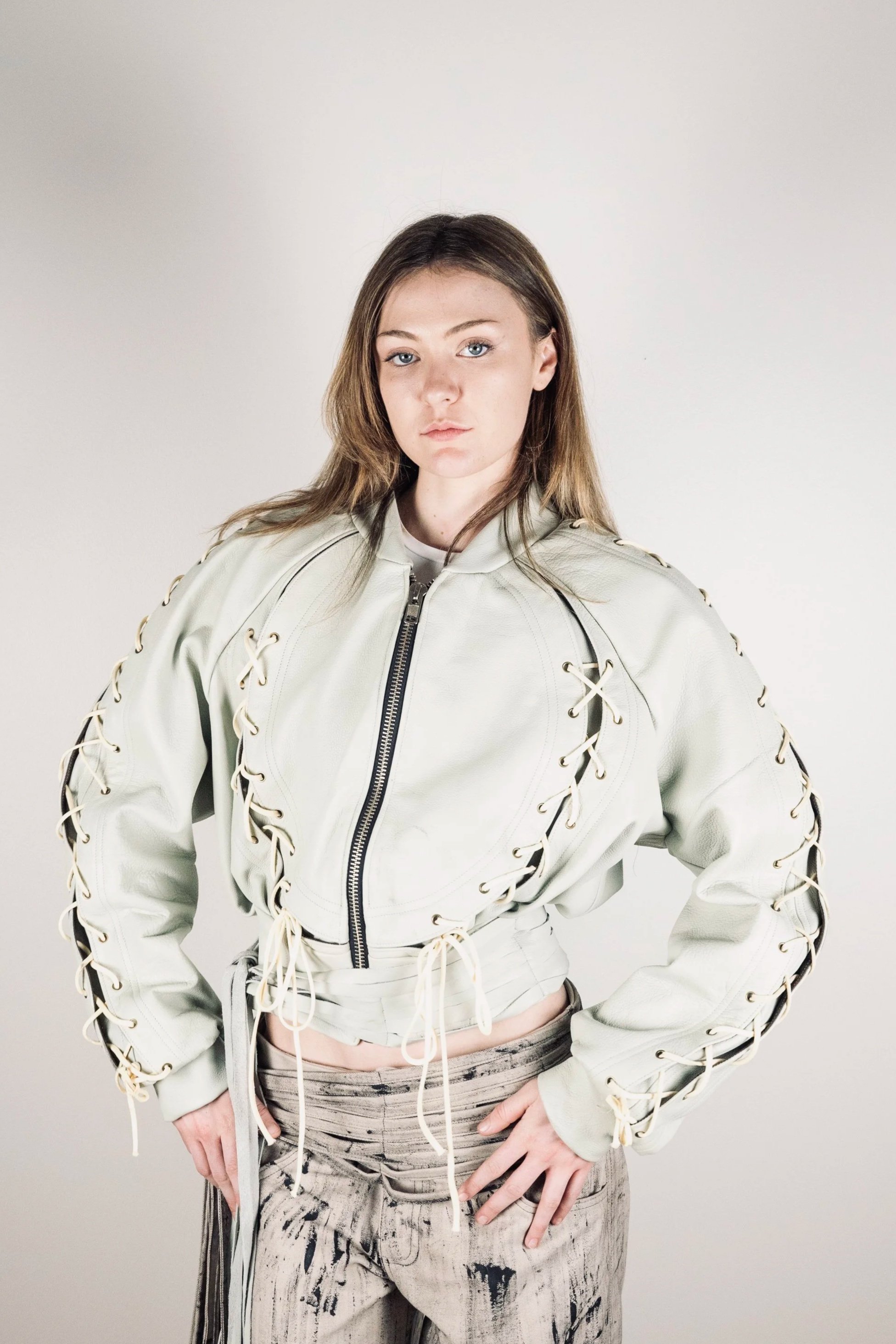 ZOË  STONE Genuine Leather Lace Up Bomber Jacket with Tassels