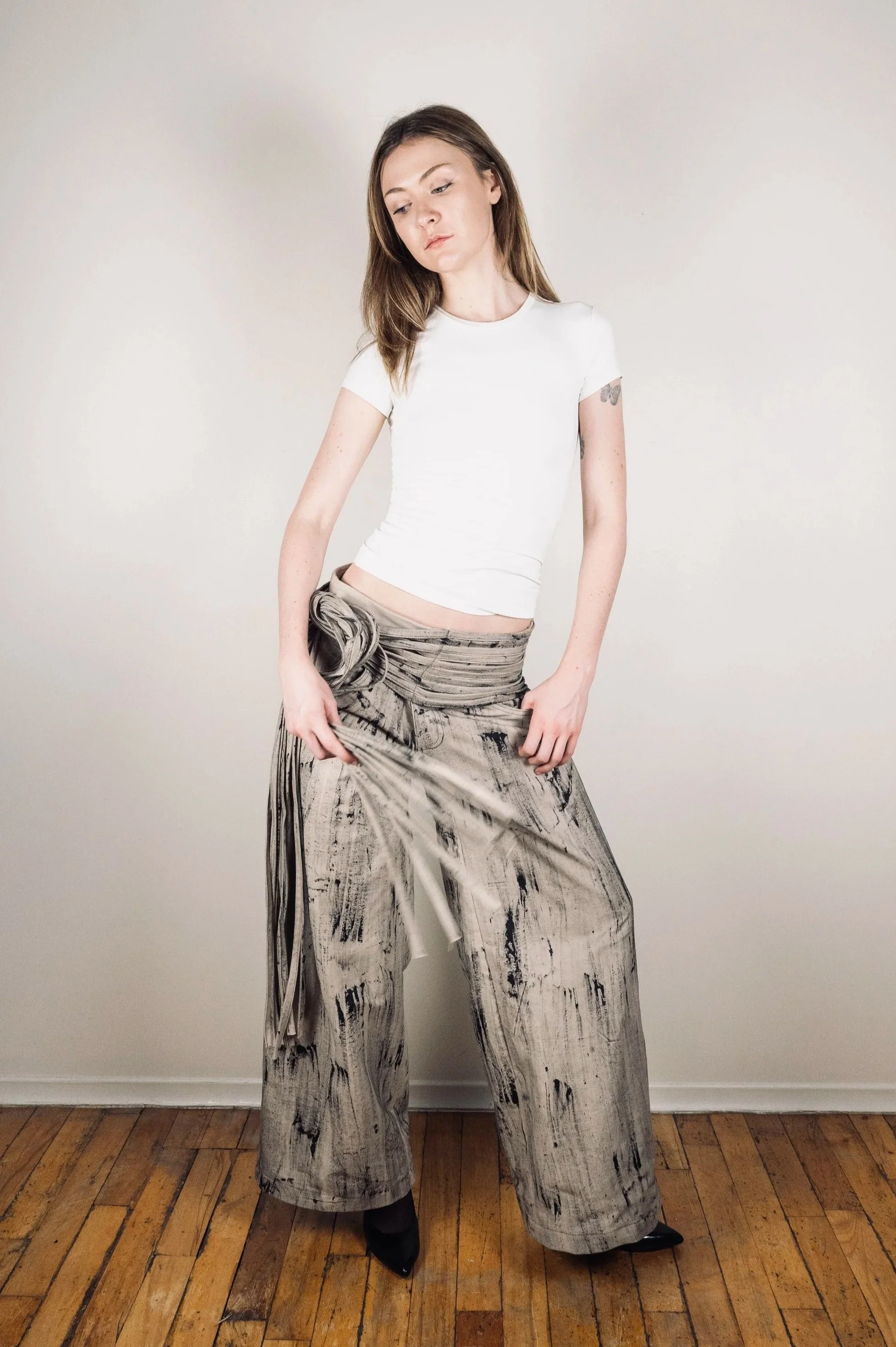 ZOË  STONE Tassel Baggy Pants in Cream with Handmade Birch Print