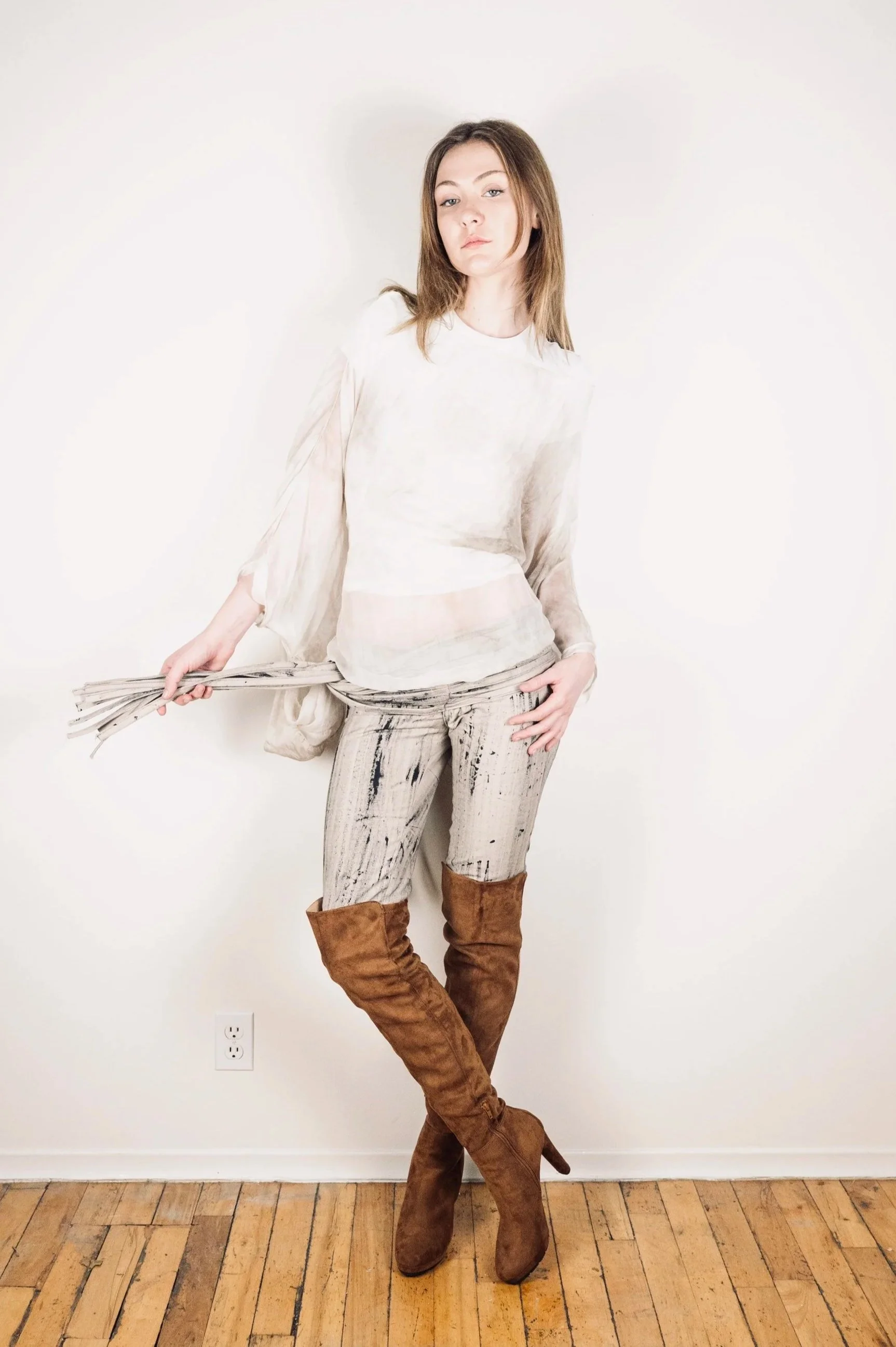 ZOË  STONE Tassel Skinny Jeans in Cream with Handmade Birch Print