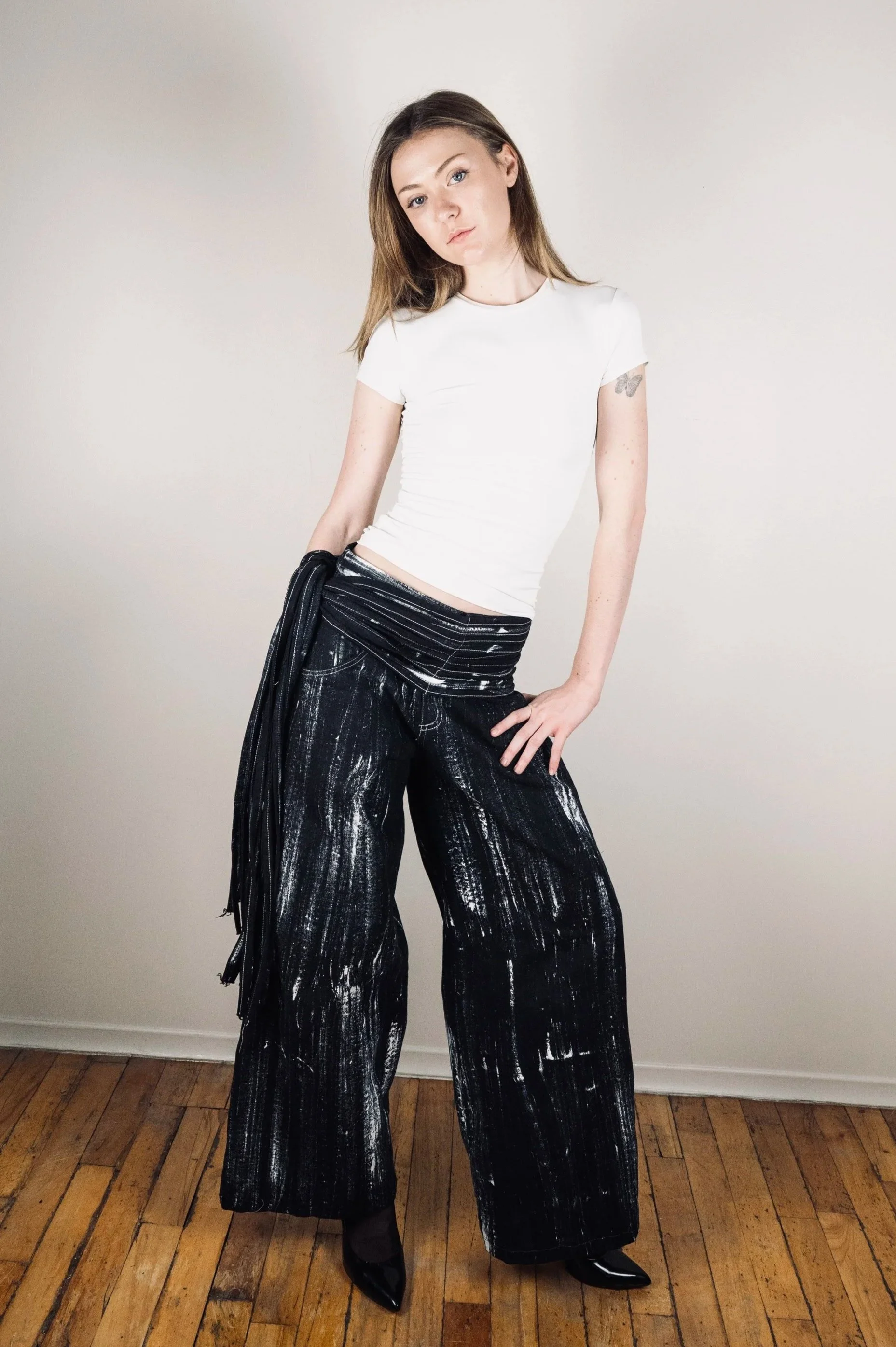 ZOË  STONE Tassel Baggy Pants in Black with Handmade Birch Print