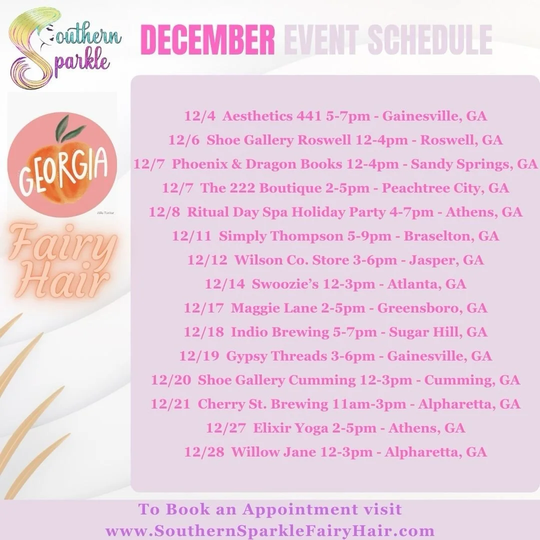 Happy holidays to all my sparkling friends! This is our busiest time of year by far. Most of our events book up quickly, make your appointment on our website before they fill up! Also, if you need to cancel or reschedule for any reason, please do so 