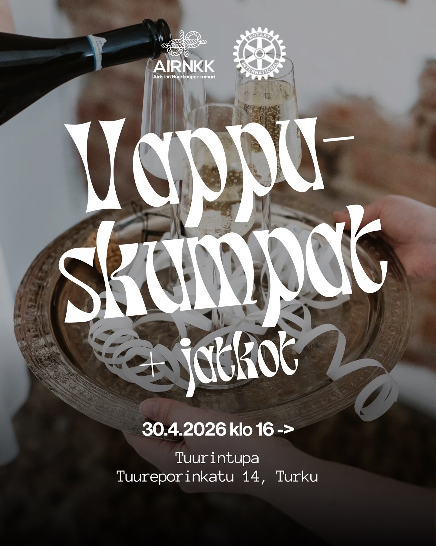 Tervetuloa Airiston Nuorkauppakamarin j&auml;rjest&auml;mille Vappuskumpille ja jatkoille! 🥂🥳

J&auml;rjest&auml;mme perinteiset Vappuskumpat torstaina 30.4. klo 16.00 alkaen Tuurintuvalla! Skumppatarjoiluista vastaa Sirkkalan Rotaryklubi.

Luvassa