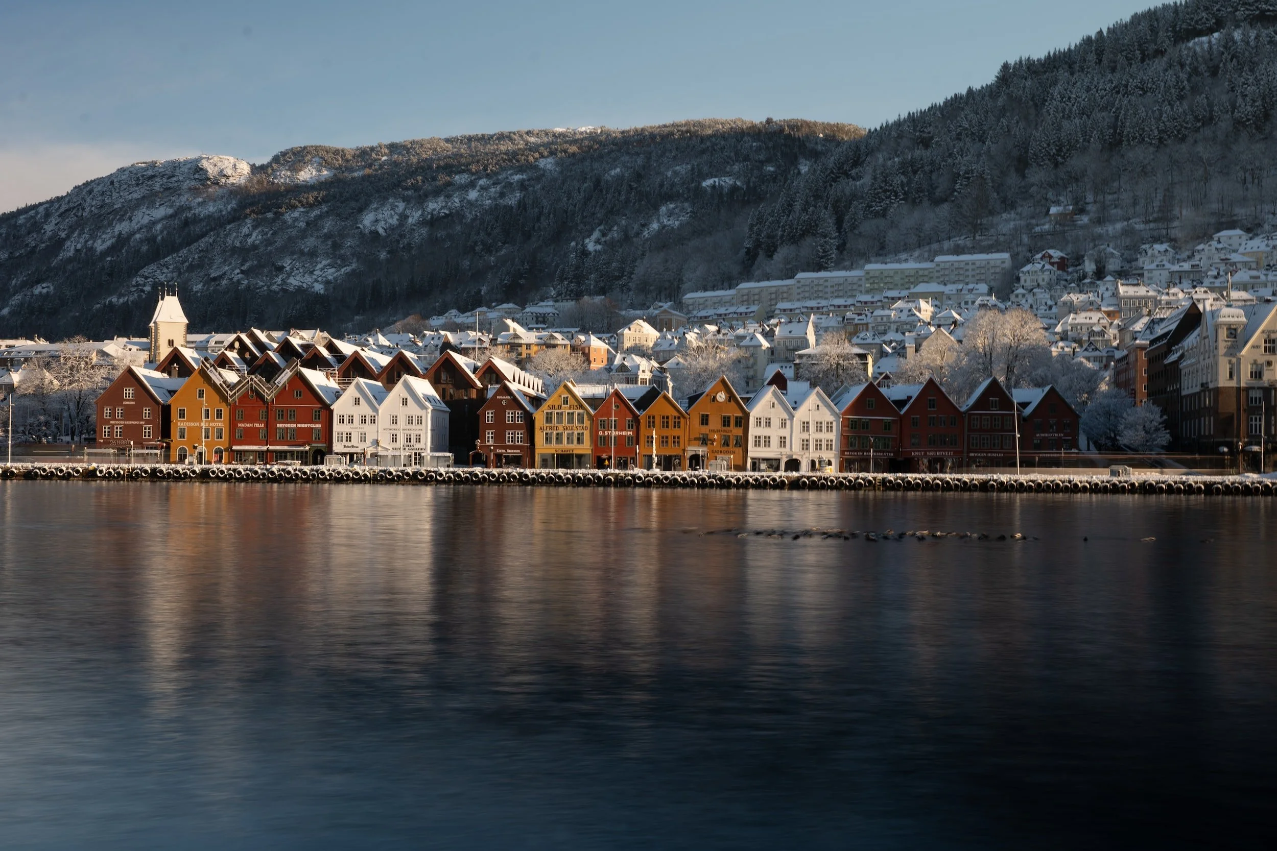 image of old and colorful houses in Norway located right in front of the sea below mountains.