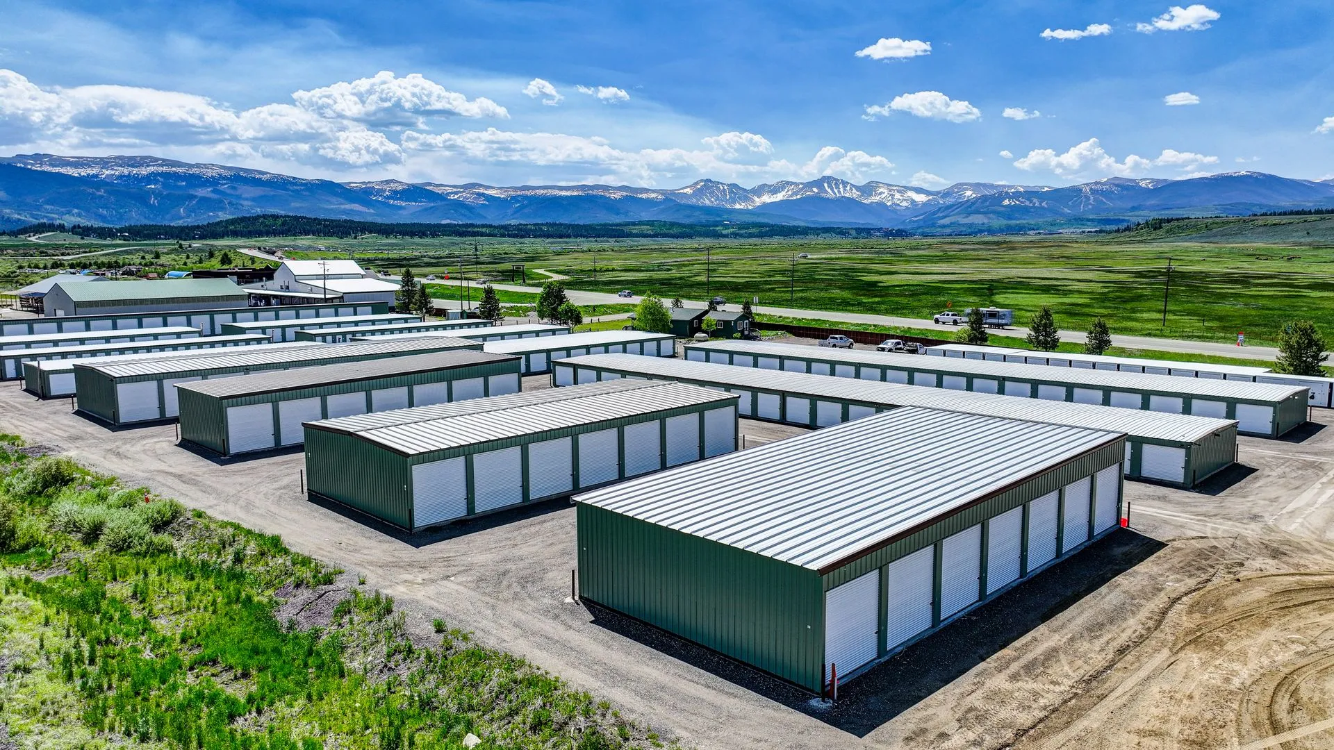 Self-storage buildings beneath the Colorado mountains