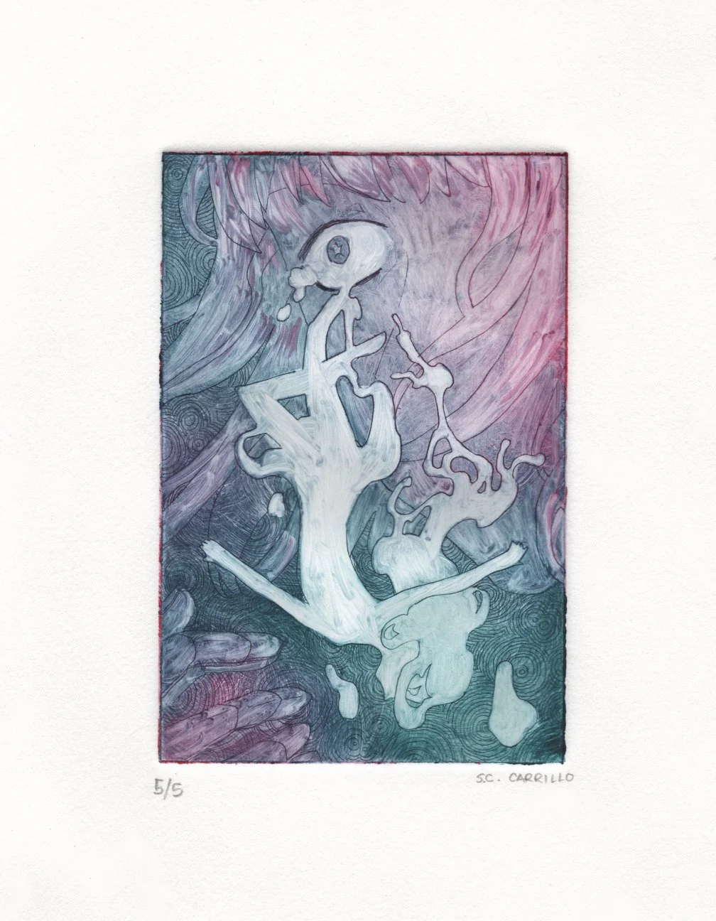 S.C. Carrillo, Pouring (2026). 4"x6" etching print on BFK Rives paper. Edition of 5.