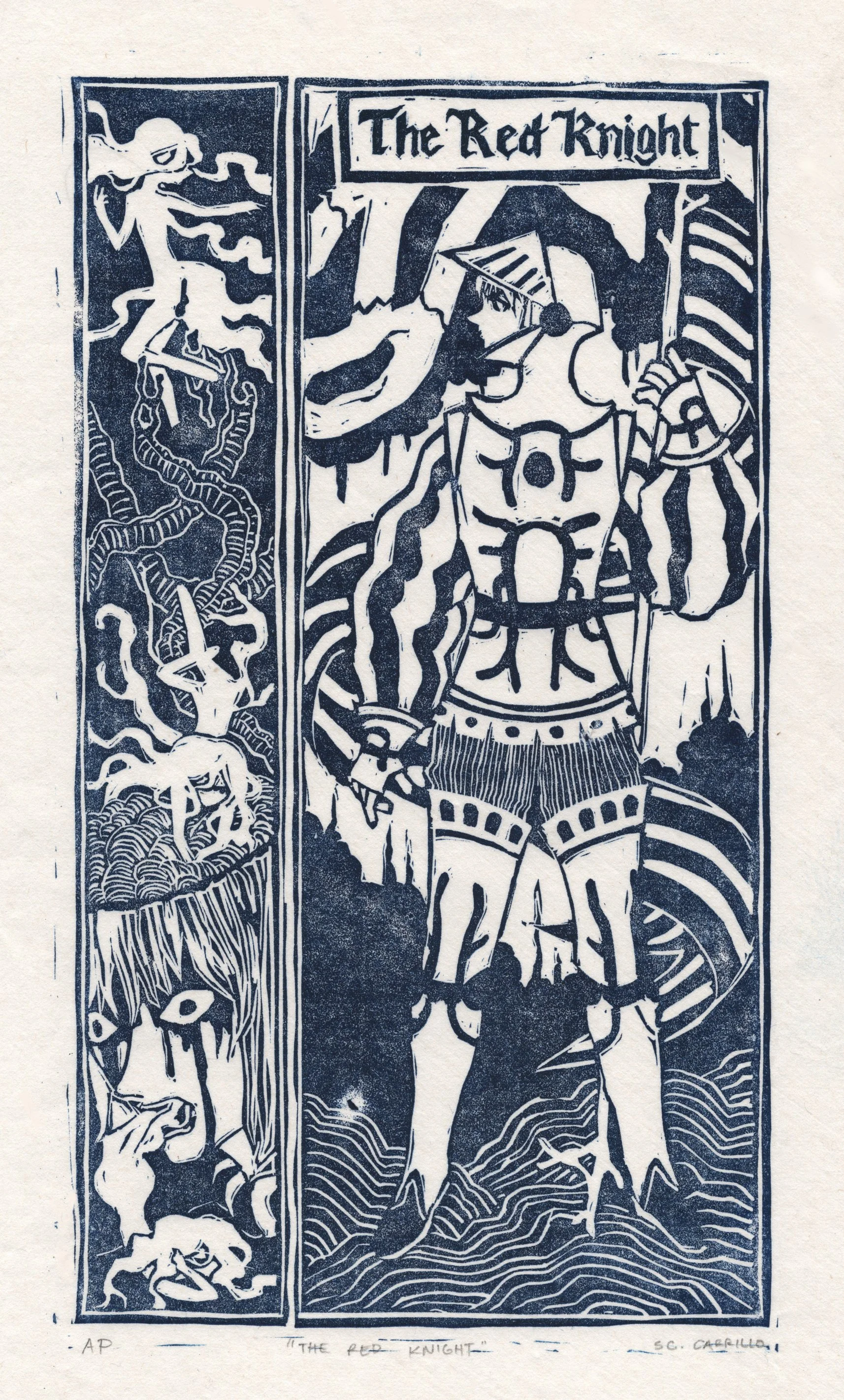 S.C. Carrillo, The Red Knight (2026). 7"x11", linocut print on Kozo paper. AP.