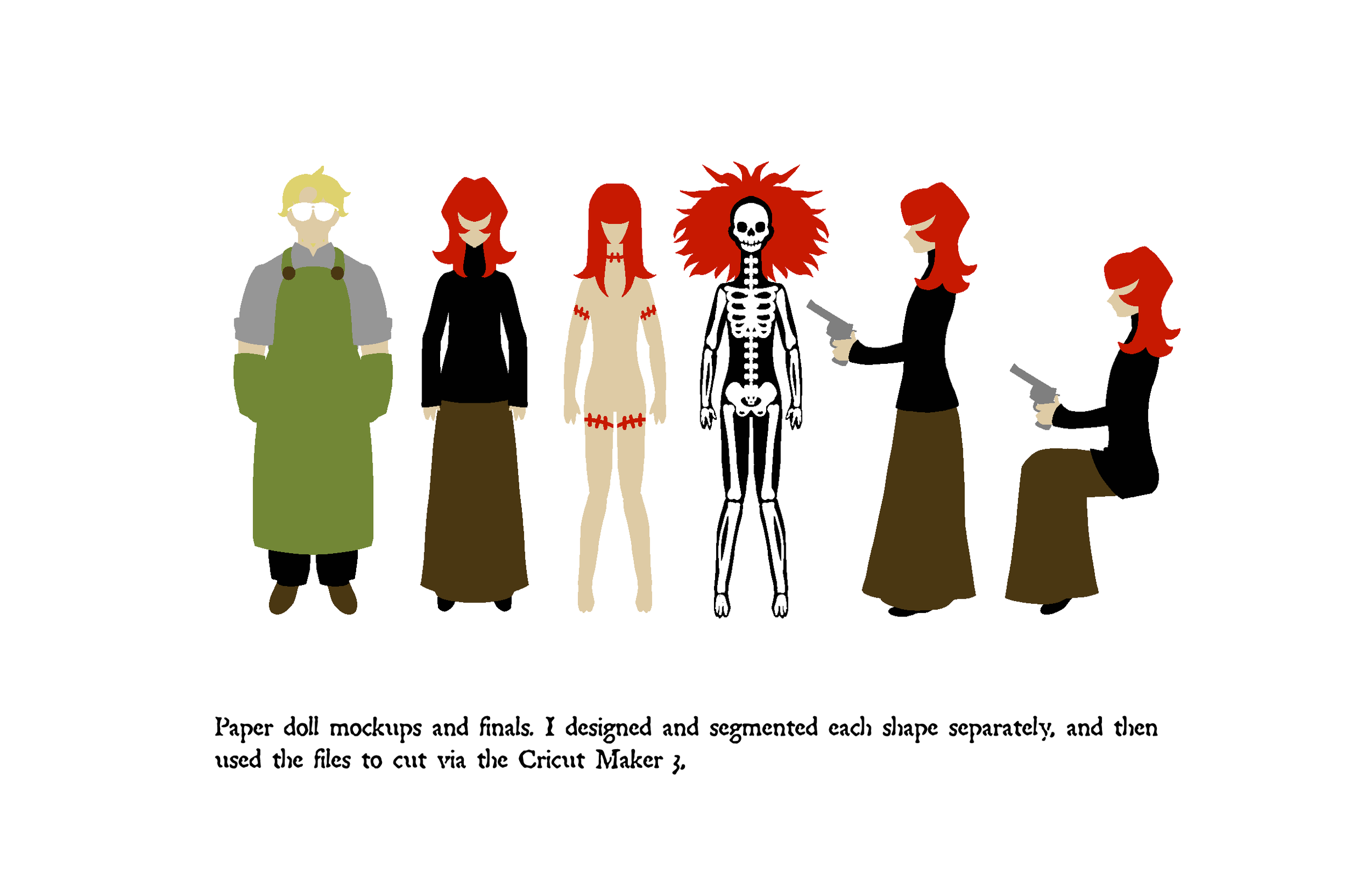 S.C. Carrillo, paper doll designs for The Man Who Could Not Die (2025). Digital to paper cutout.