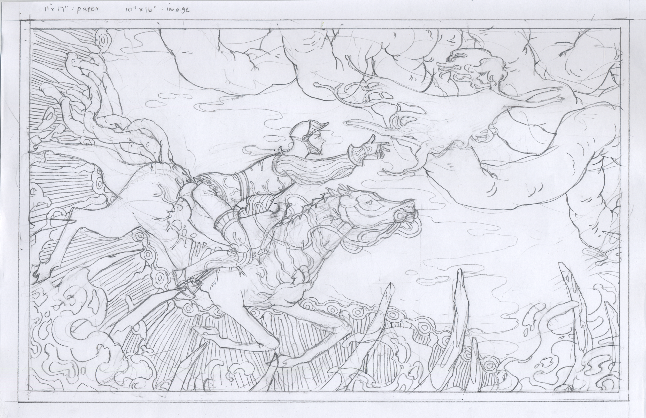 S.C. Carrillo, The Chase (2026). 11"x17", pencil on paper.