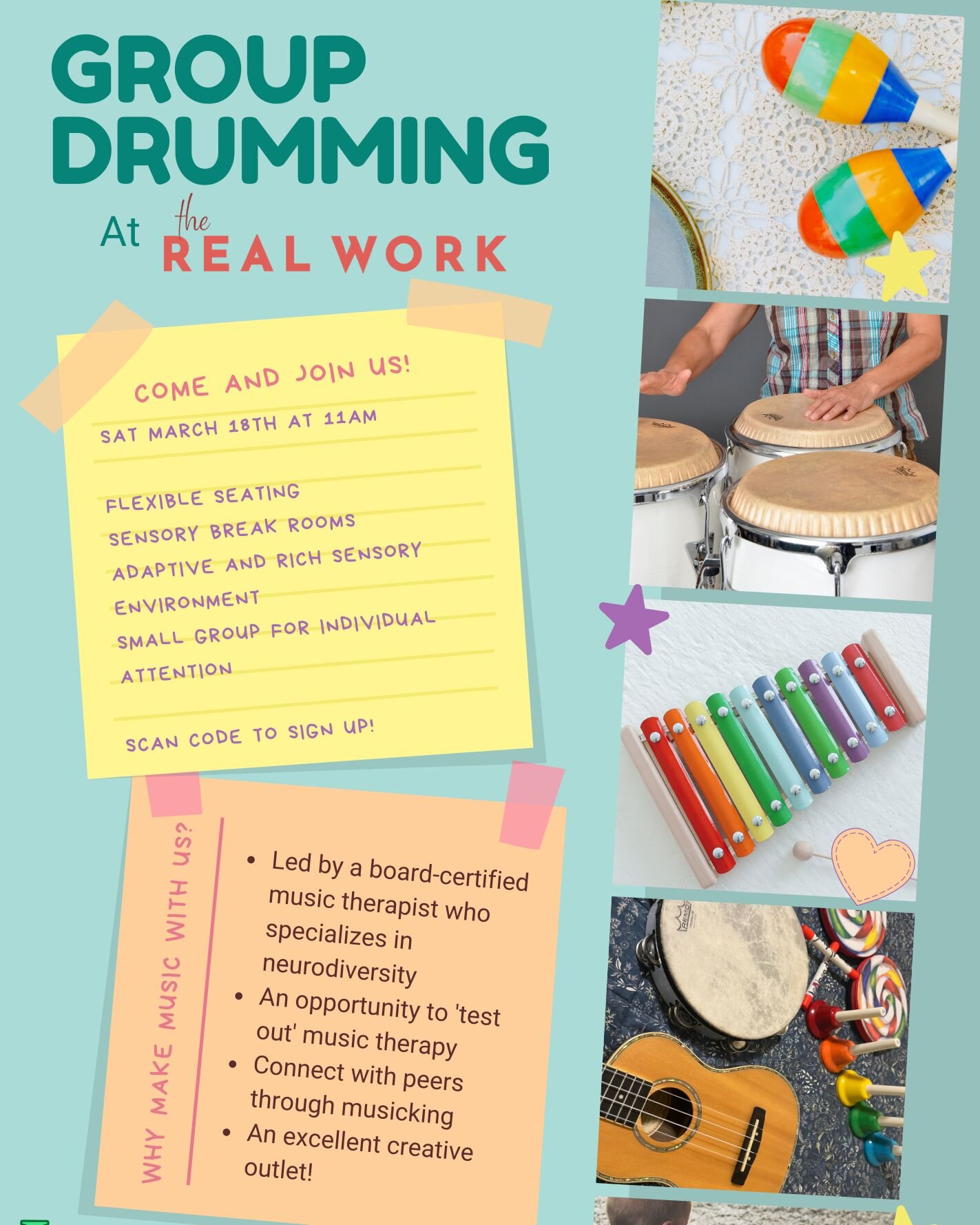 We're partnering up with The Real Work! Come join us Saturday, March 18th at 11am for a group drumming activity for neurodivergent children and teens. Sign up at https://rebekahsprings.ck.page/5b9e2fb9c4

Picture description: Blue flyer with pictures