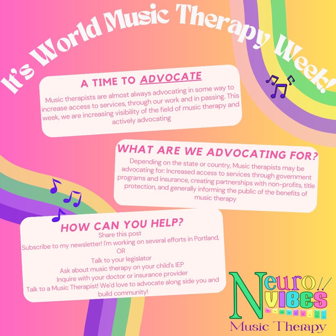 Hey! It's World Music Therapy Week! Join in on the fun of advocating for music therapy services. 

Image description: Colorful backdrop with colorful ribbons reads &quot;It's World Music Therapy Week! A Time to Advocate, Music therapists are almost a