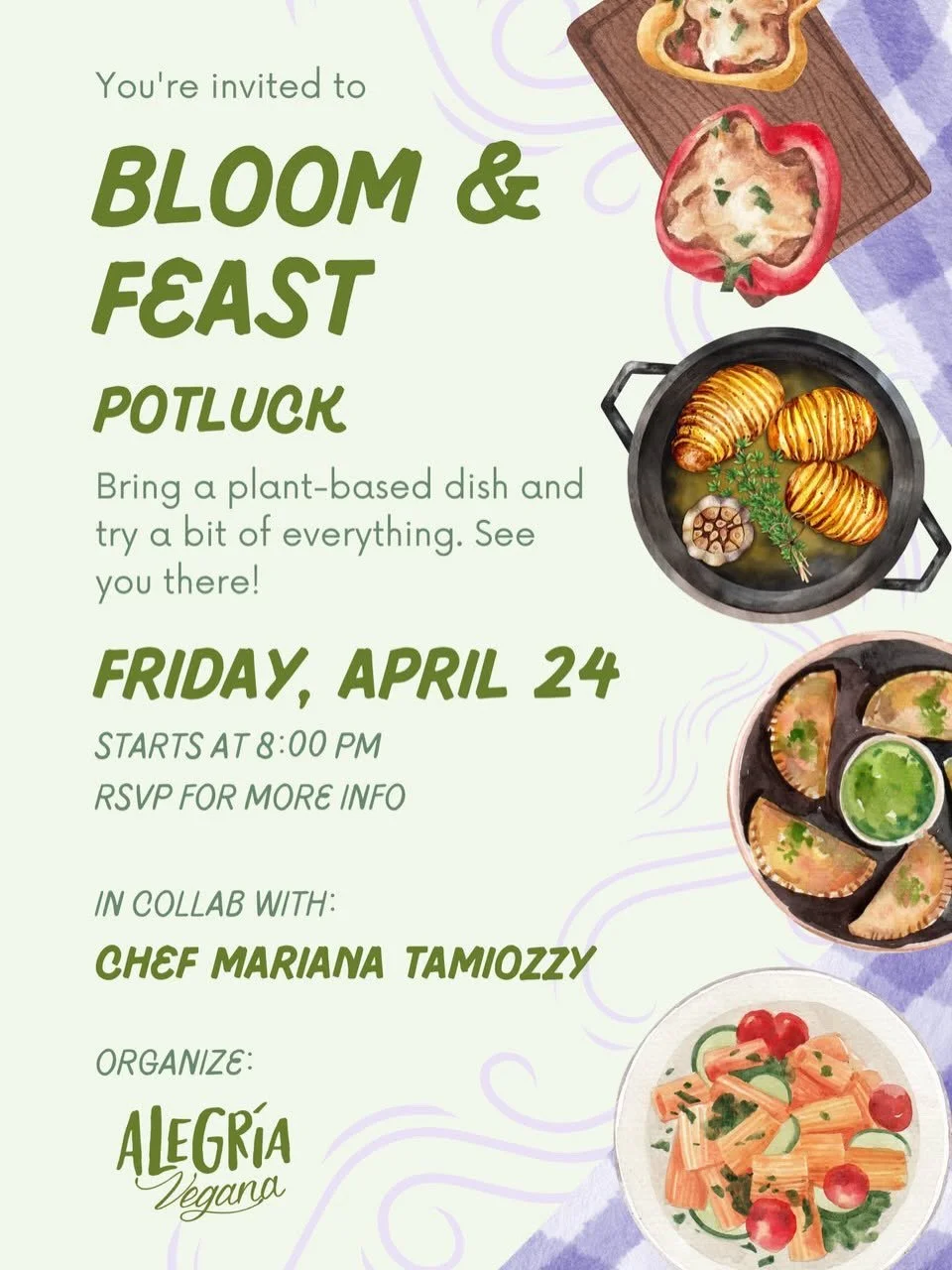 Get ready for Spring Potluck! 📌 Save the date: Friday, April 24. Bed-Stuy, BK

❤️&zwj;🔥 I am excited to co-host this with @marianatamiozzy a vegan chef from S&atilde;o Paulo, Brazil, who specializes in healthy and delicious cooking.

✨ If you are n