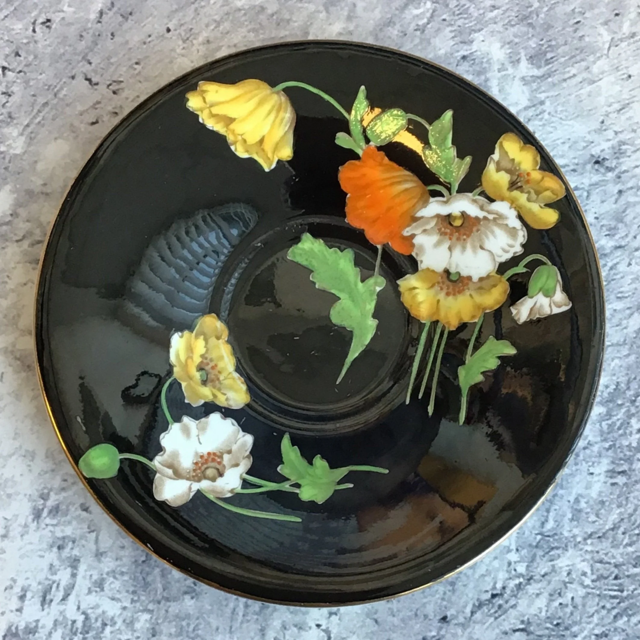 Art Deco 1930s Aynsley Black Saucer With Handpainted Poppies B4825