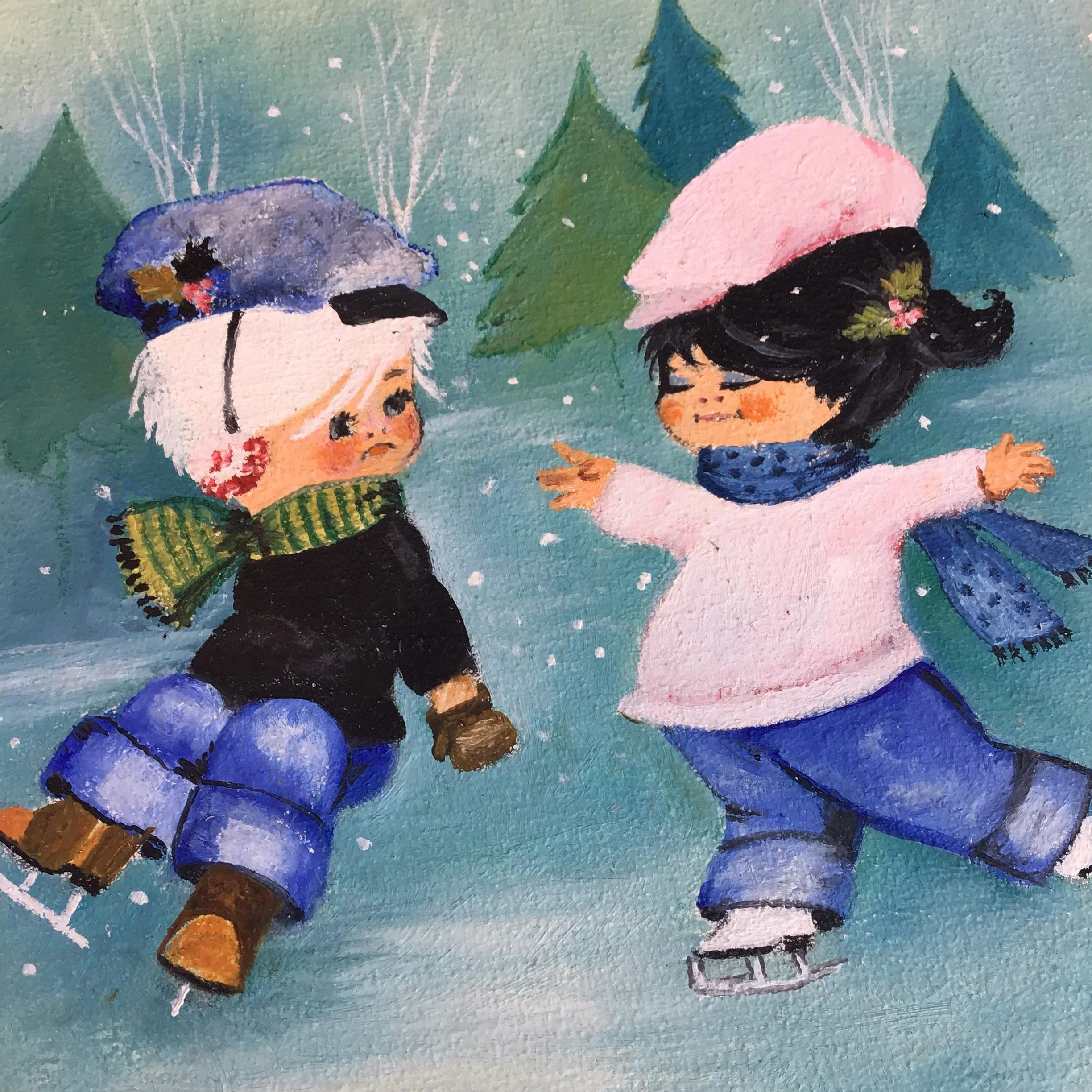 Original Vintage Boy and Girl Painting