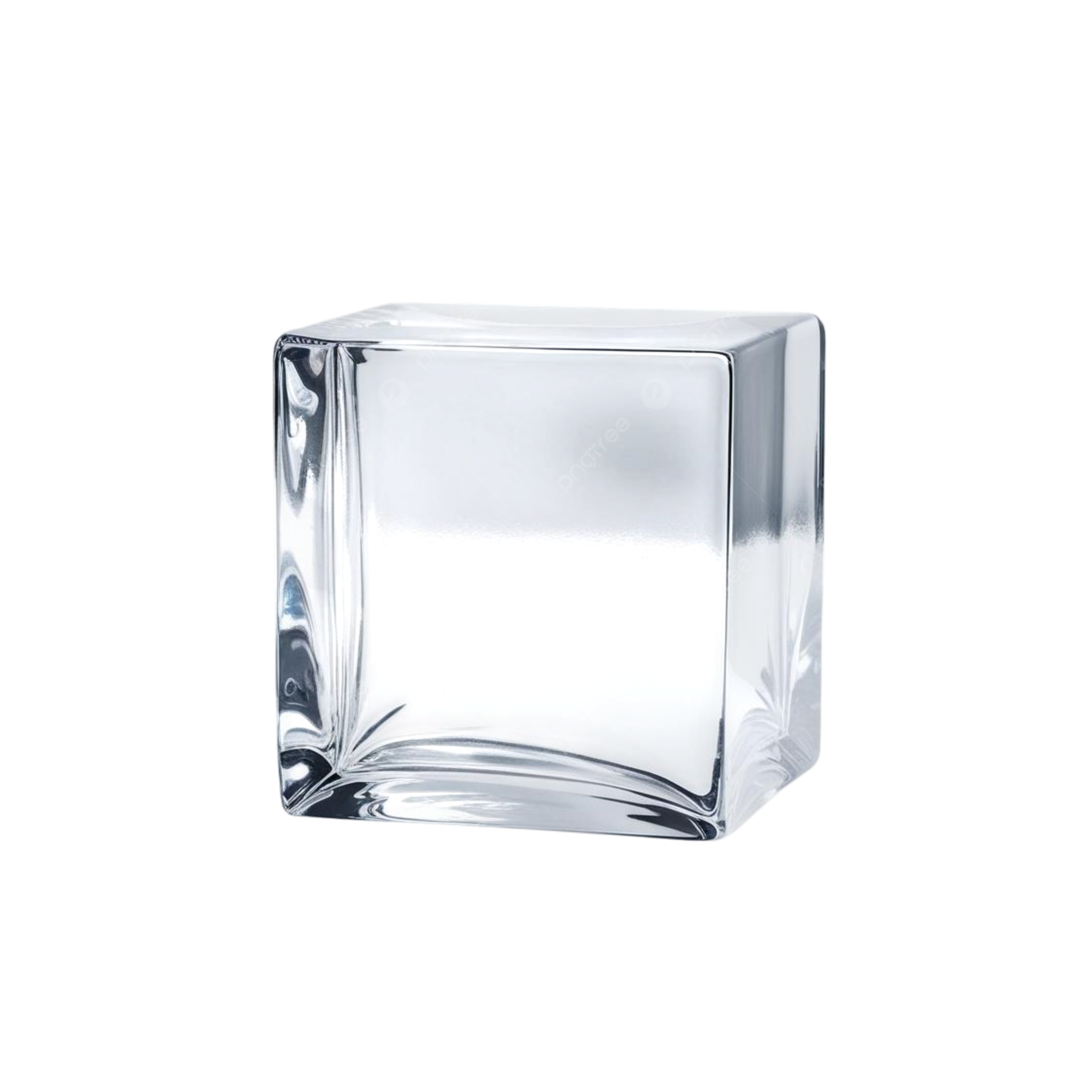High-gloss square ice cube on black background with watermark, highlighting precision cut and crystal-clear finish.