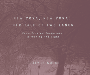 Book cover of New York, New York: Her Tale of Two Lanes — From Frosted Footprints to Owning the Light, a New York photography book by Lesley D. Nurse